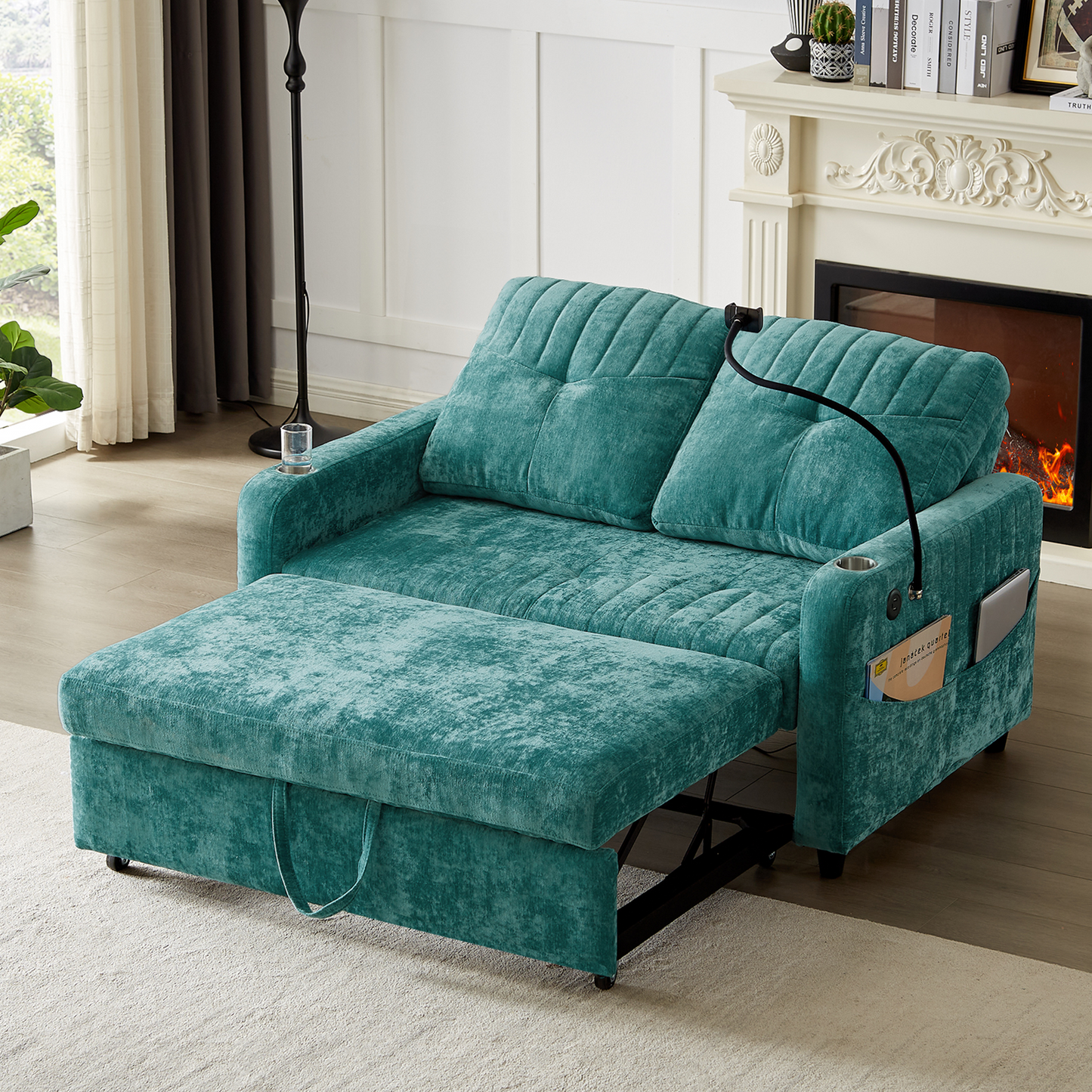 53.9" Modern Loveseat Pull-out Sofa Bed with Adjustable Backrest, Two Cup Holders , a Phone Holder, Three Charging Ports and Side Storage Pockets for Living Room, Teal