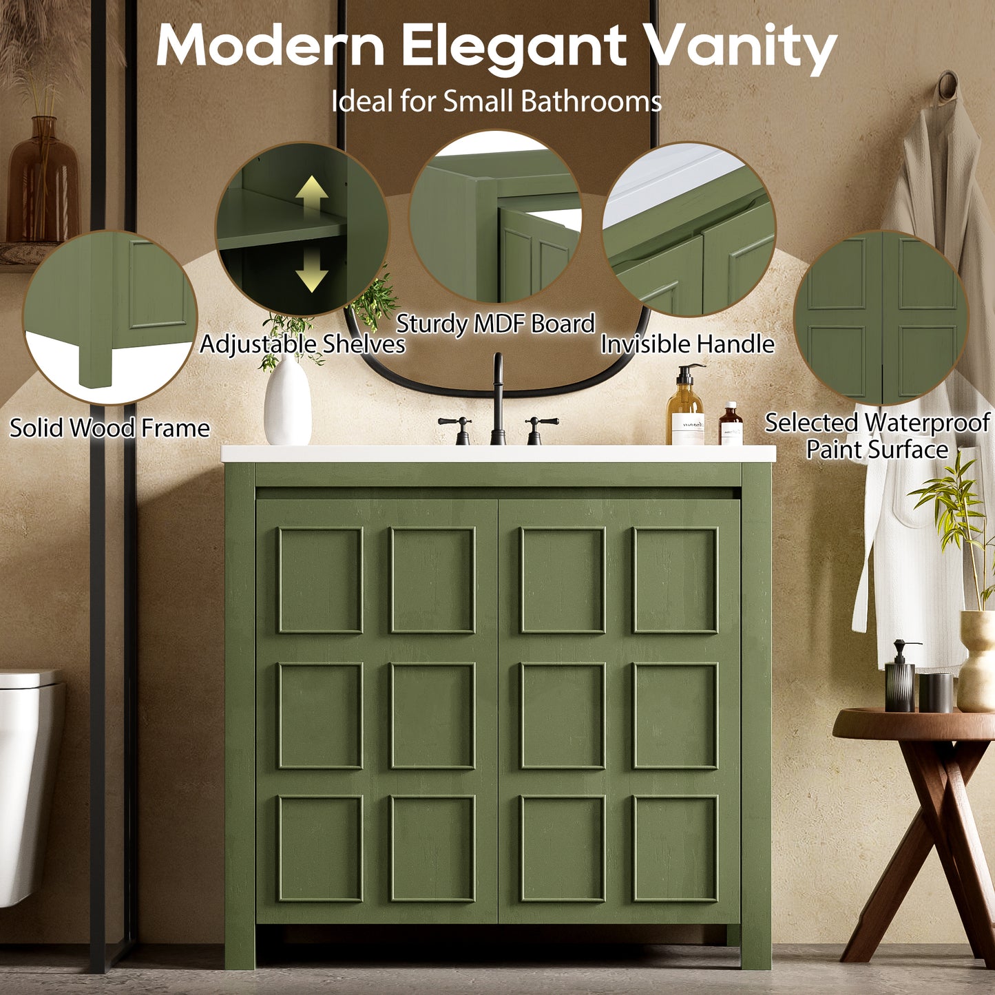 36" Bathroom Vanity Organizer with Sink, Combo Cabinet Set, Bathroom Storage Cabinet, Olive Green