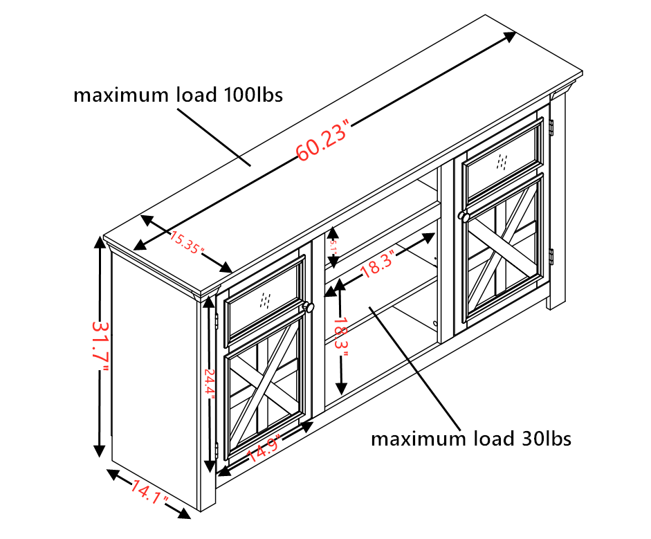 2 Doors Cabinet Farmhouse  Cabinet, Farmhouse TV Stand Barn Design,Modern Farmhouse TV Media Stand, Large Barn Inspired Home Entertainment Console with 18" fireplace insert,WHITE,60.23"W*15.35"D*31.7H