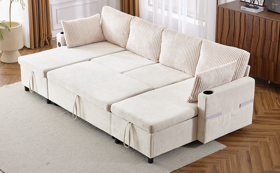 111.8" Sectional Sofa Pull-out Sofa Bed Versatile Sofa Sleeper with Large Storage Space, Two USB Ports and Two Cup Holders for Living Room, Beige