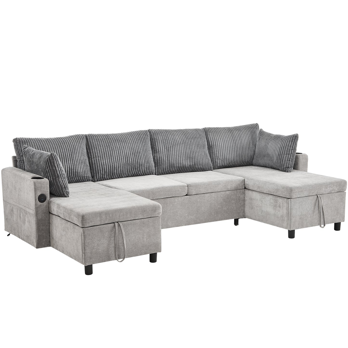 111.8" Sectional Sofa Pull-out Sofa Bed Versatile Sofa Sleeper with Large Storage Space, Two USB Ports and Two Cup Holders for Living Room, Grey