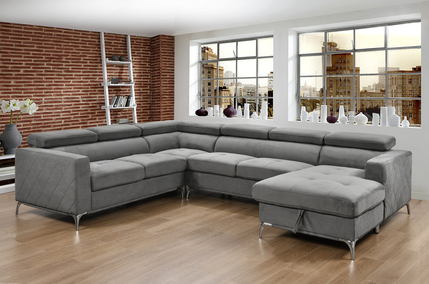 122 inch Oversized Sectional Sofa Couch with Chaise Storage, Contemporary U-Shaped 7-Seater Sofa with Adjustable Headrests for Living Room,Gray