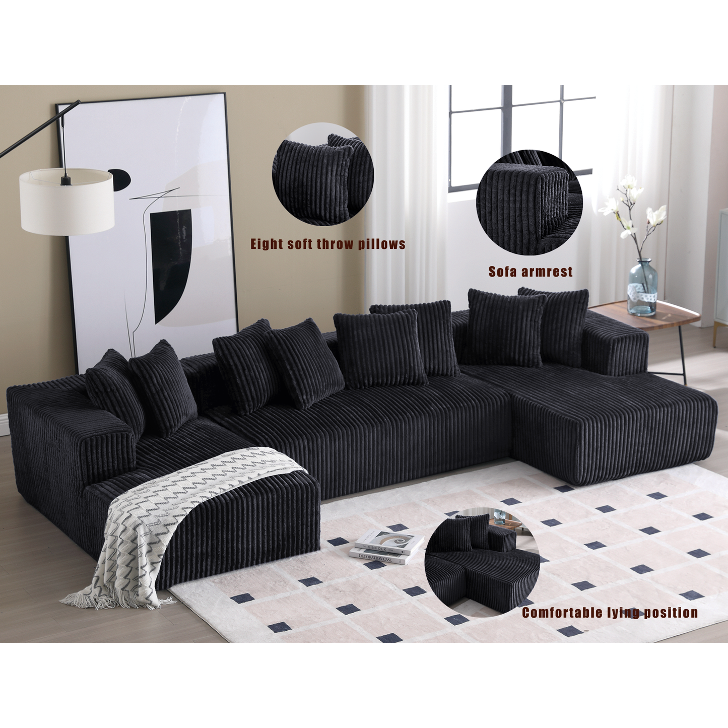 [NEW ARRIVED] [VIDEO PROVIDED]131'' Modular Sectional Couch, U-shaped sofa , Chaise Lounge, Striped fabric,Upholstered 4 Seater Couch for Living Room, Bedroom, Free Combination Sofa (Corduroy),Black