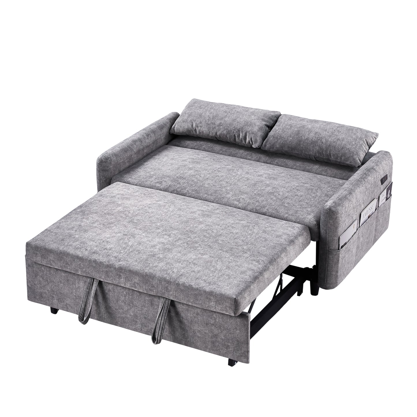 55.1" Pull Out Sleep Sofa Bed Loveseats Sofa Couch with Adjsutable Backrest, Storage Pockets, 2 Soft Pillows, USB Ports for Living Room, Bedroom, Apartment, Office,Grey (Old SKU:WF315689AAE)