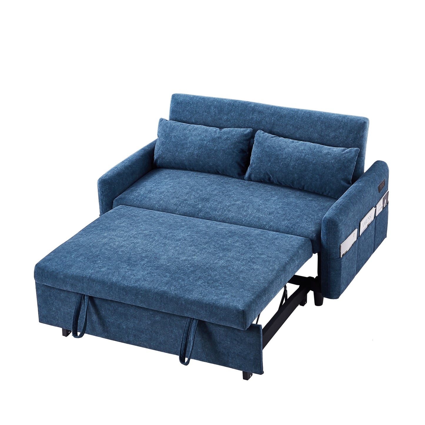 55.1" Pull Out Sleep Sofa Bed Loveseats Sofa Couch with Adjsutable Backrest, Storage Pockets, 2 Soft Pillows, USB Ports for Living Room, Bedroom, Apartment, Office, Blue (Old SKU: WF315689AAC)