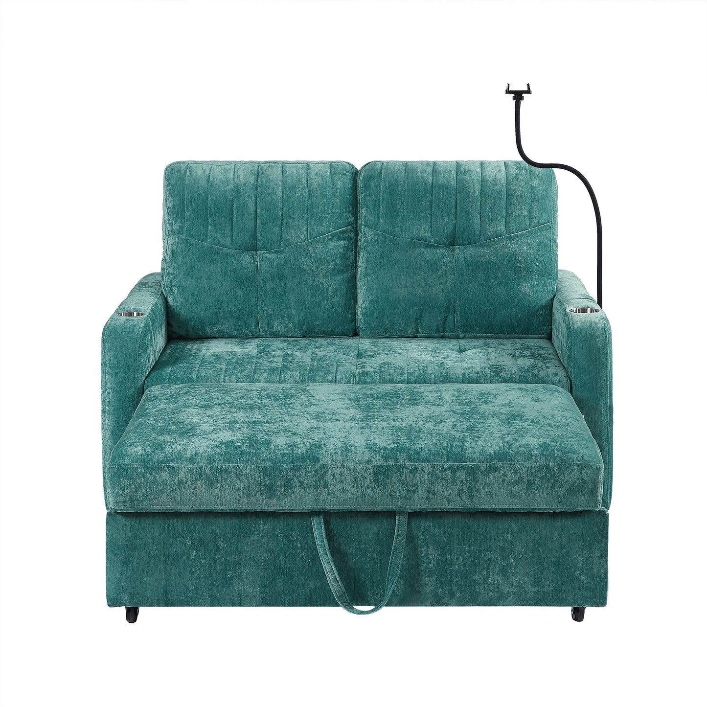 53.9" Modern Loveseat Pull-out Sofa Bed with Adjustable Backrest, Two Cup Holders , a Phone Holder, Three Charging Ports and Side Storage Pockets for Living Room, Teal