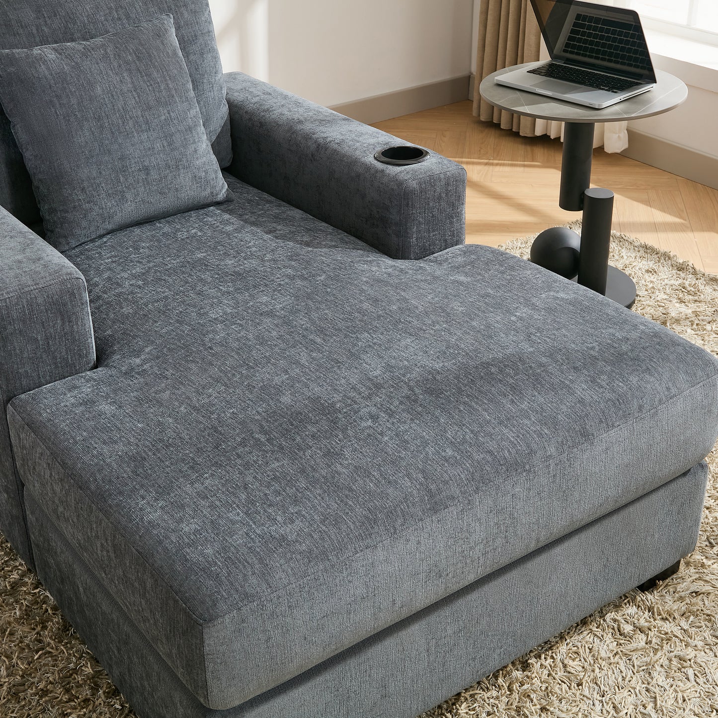 39.7" Oversized Chaise Lounger Modern Style Sofa Couch ,with Pillows, Charge Station & Cup Holders, Chenille Fabric, Blue Gray