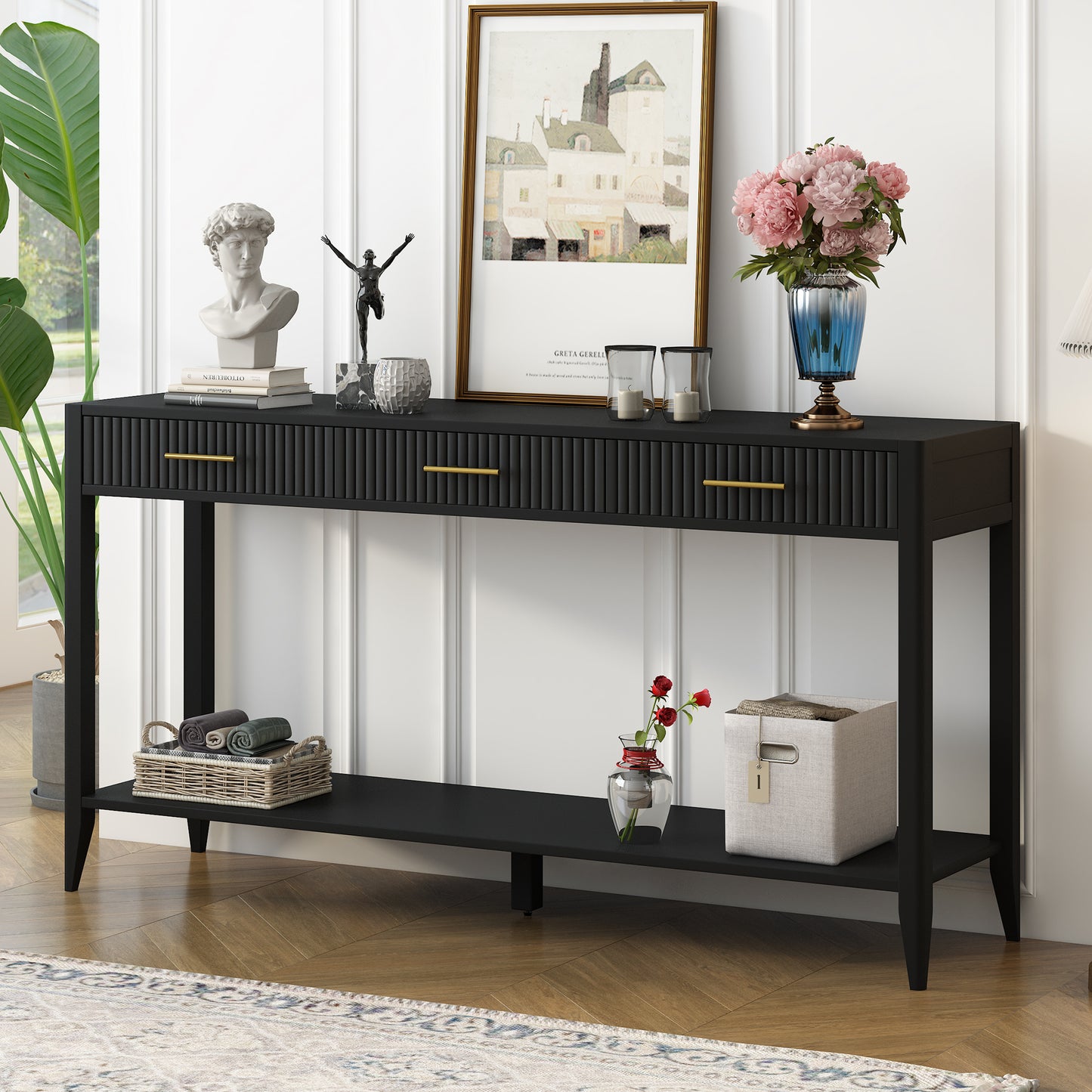 U_STYLE High-Quality Entryway Console Table with Vertical Stripe Drawers, Long Legs,Suitable for Entryway, Hallway, Living Room, Foyer, Corridor