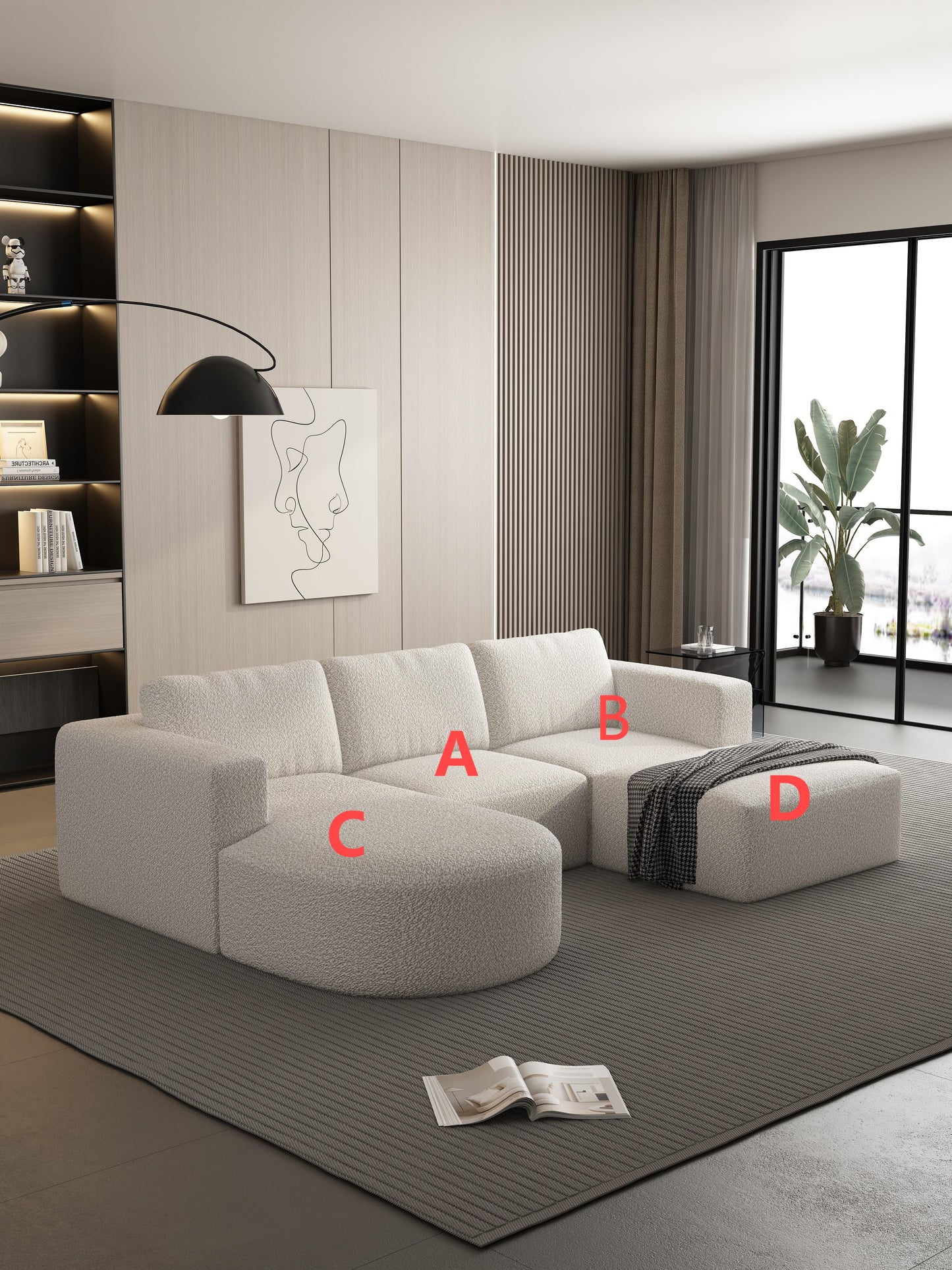 104.32*70.86 Modular Sectional Sofa Sleeper Couch, Sectional Sofa with Chaise and Ottoman, Convertible U Shaped Modular Sofa Set. Compressed sponge, White. (Combo A+B+C+D)