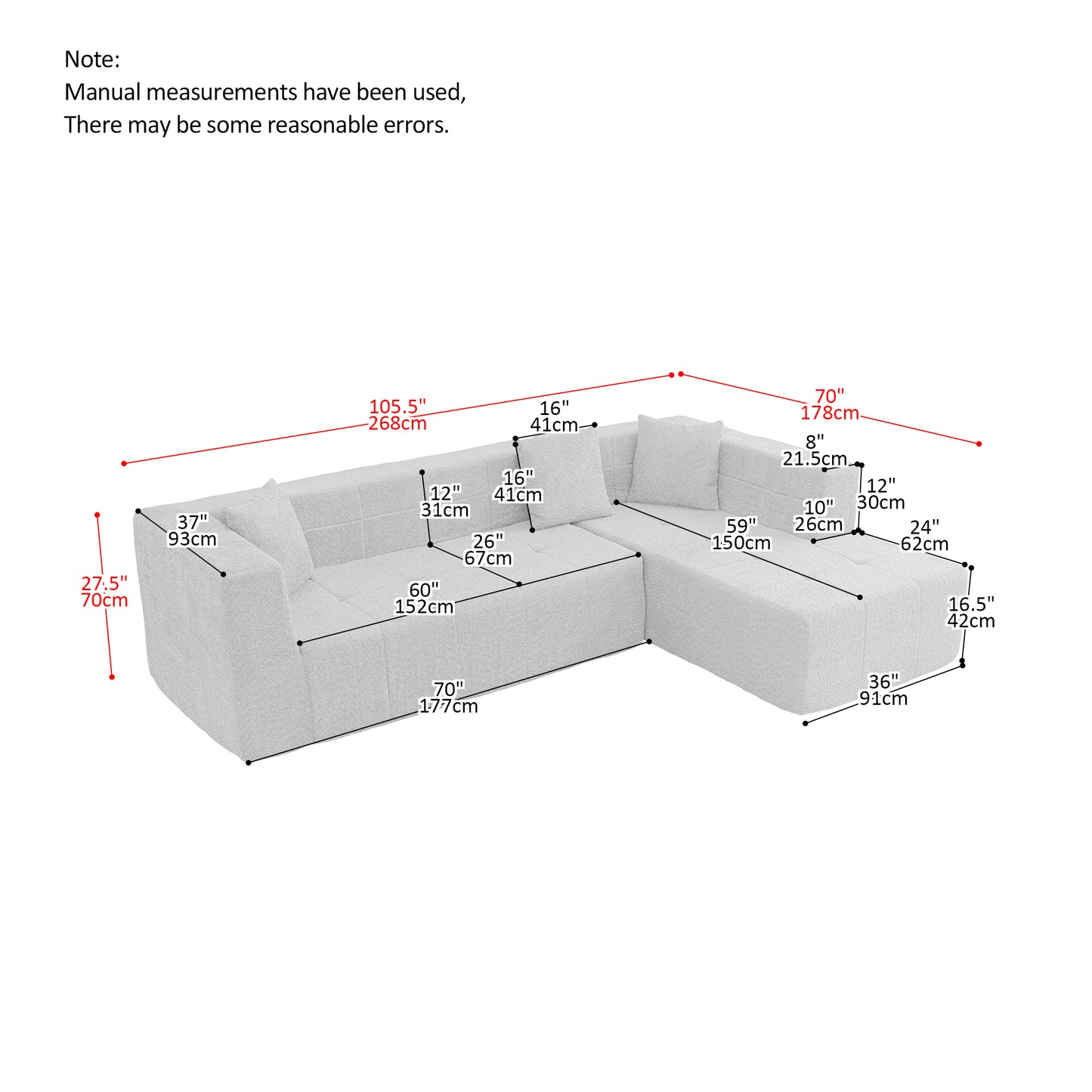 105.5" Modular L-Shaped Sectional Floor Couch, Deep Seat Tufted Comfy Sofa set with Chaise for Living Room