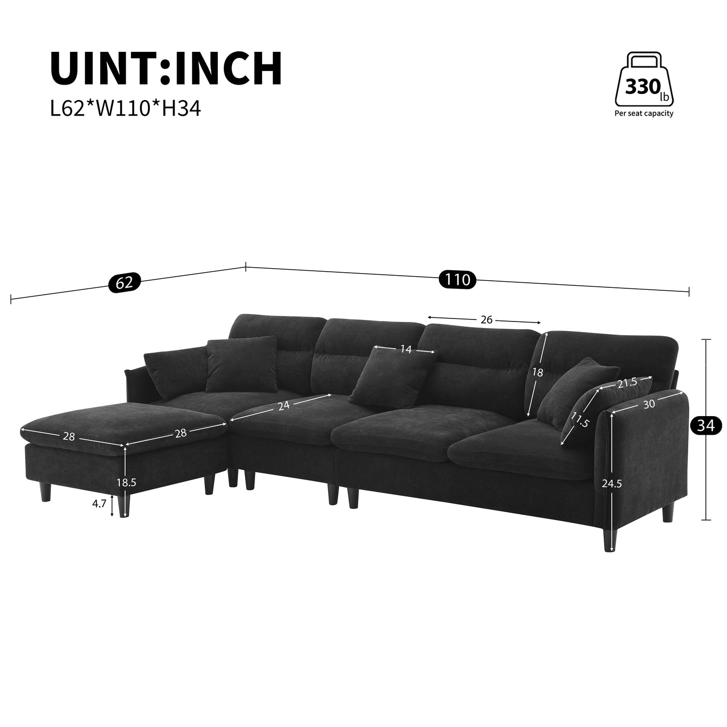 [VIDEO provided][New]110*62" Modern Convertible Sectional Sofa,L-shaped Reversible Couch Set with Free Pillows,5 Seat Cloud Chenille Indoor Furniture with Ottoman for Living Room,Apartment,3 Colors