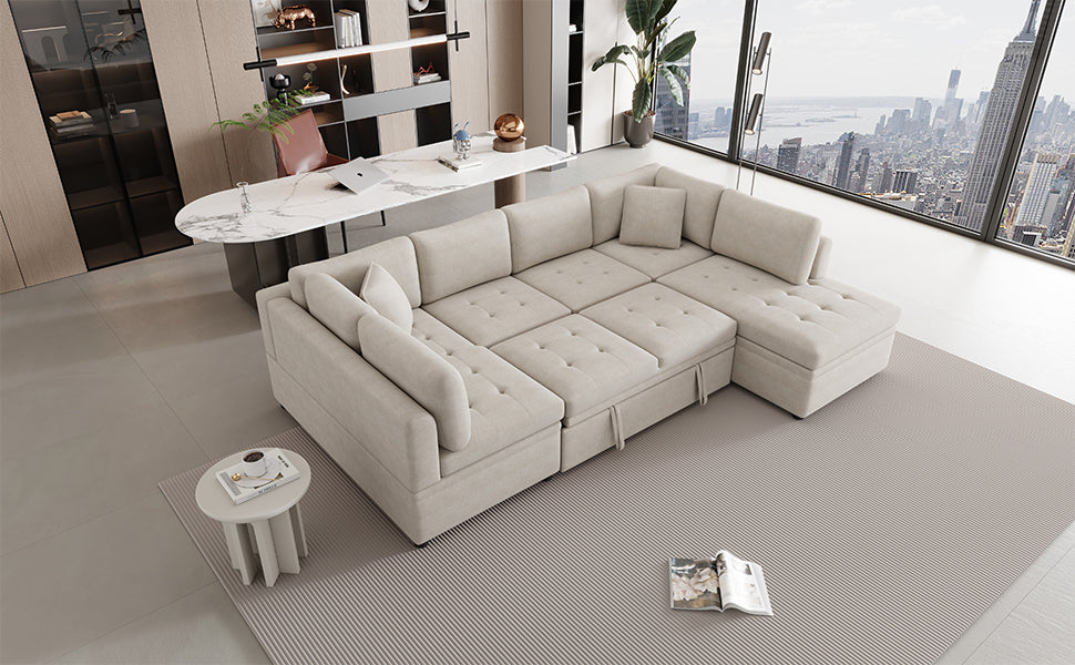 117.3" Oversized Sectional Sofa U- shaped Sofa Couch Pull-out Sofa Bed with Two Throw Pillows for Living Room, Beige