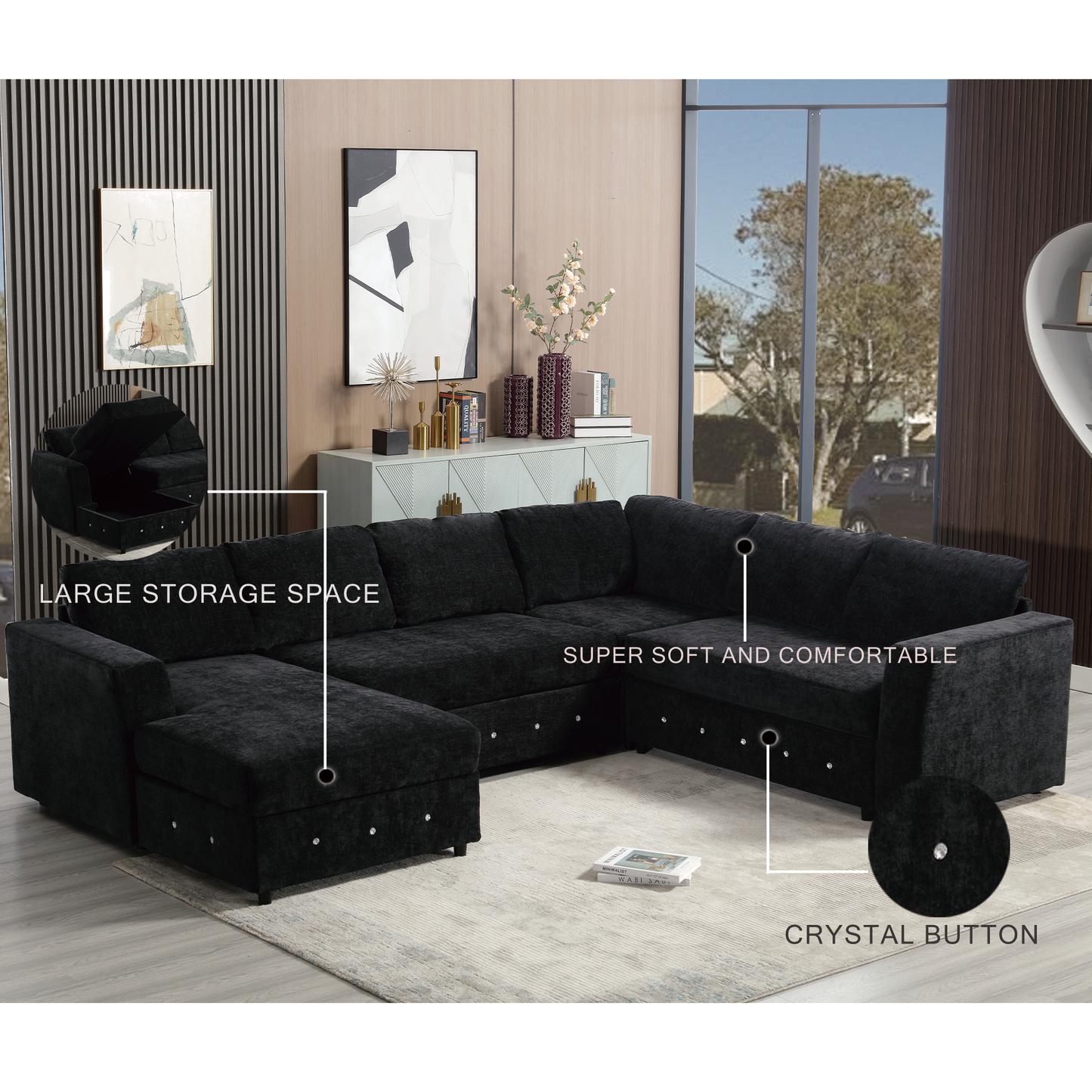 [NEW ARRIVED] [VIDEO PROVIDED]110.75" Sectional Sofa,Oversized modular sofa,Chaise Storage, Modern U Shaped  Couch , Upholstered Sofas,Chenille,Crystal button , Living Room, Apartment, Black