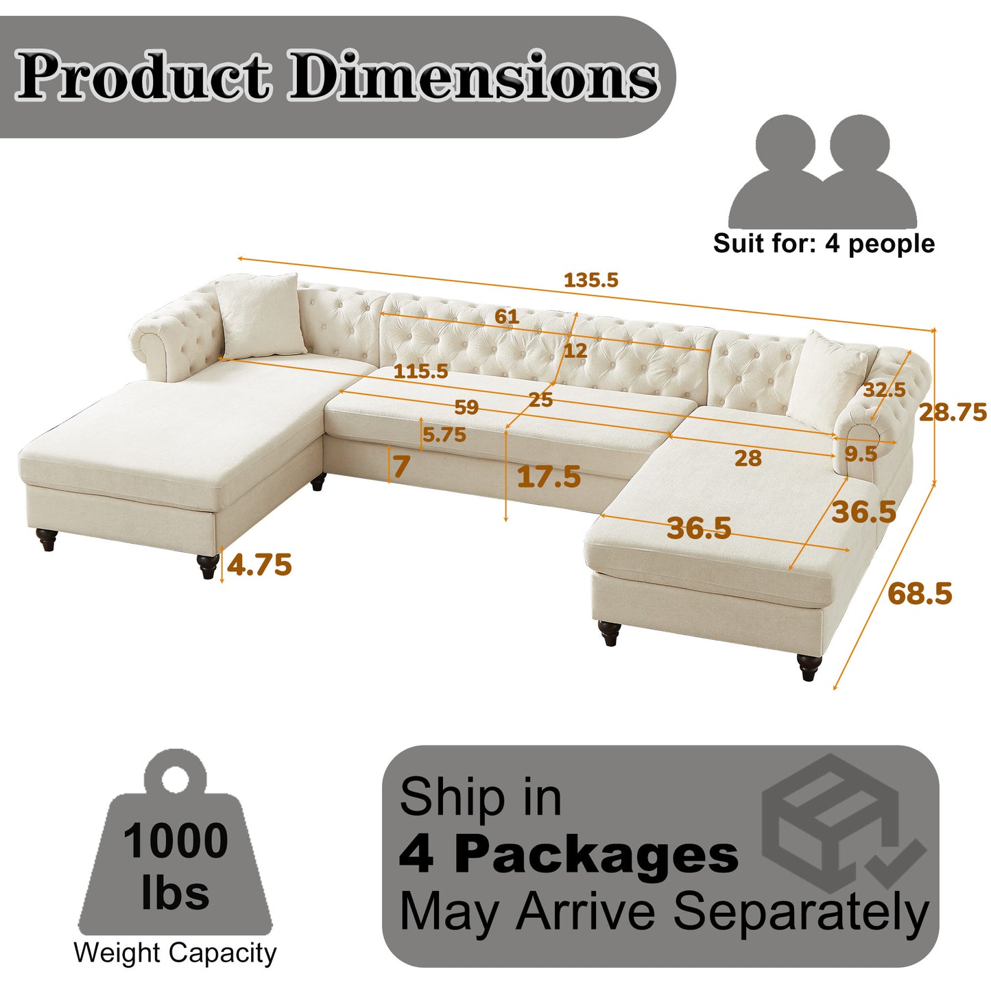 135.5-inch Modern Style Chenille Three Piece Sofa, Pull Point Design U-shaped Sofa two Chaise Longue Seats, two Pillows and Wooden feet, Suitable for Living room, Bedroom, Lounge and Projection Room