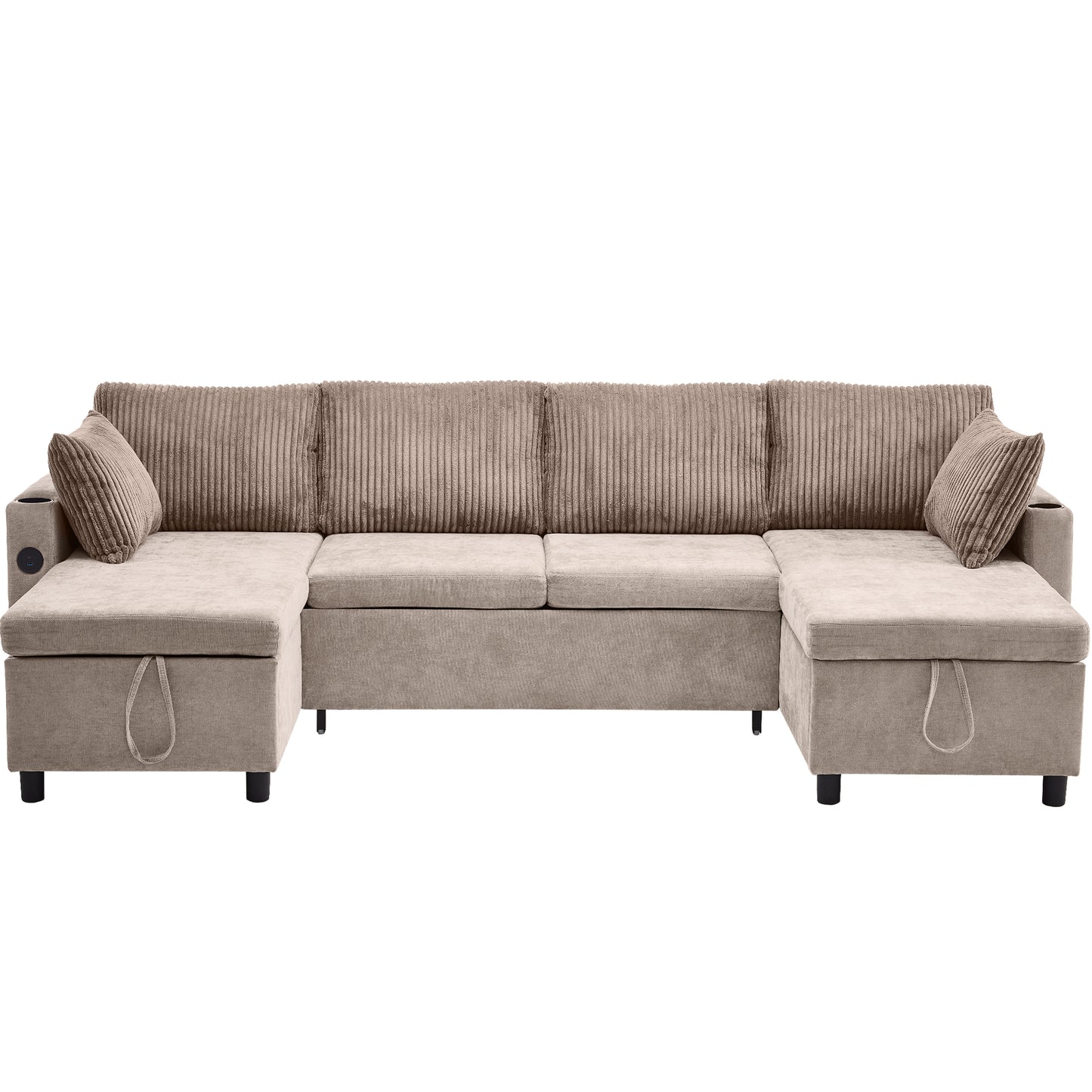 111.8" Sectional Sofa Pull-out Sofa Bed Versatile Sofa Sleeper with Large Storage Space, Two USB Ports and Two Cup Holders for Living Room, Brown