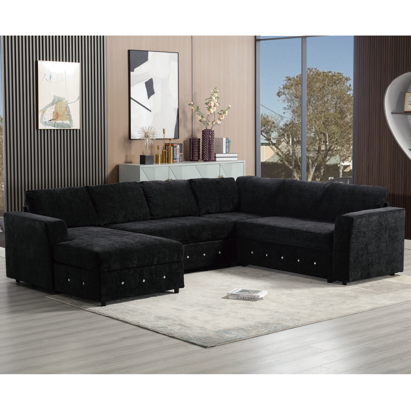 [NEW ARRIVED] [VIDEO PROVIDED]110.75" Sectional Sofa,Oversized modular sofa,Chaise Storage, Modern U Shaped  Couch , Upholstered Sofas,Chenille,Crystal button , Living Room, Apartment, Black