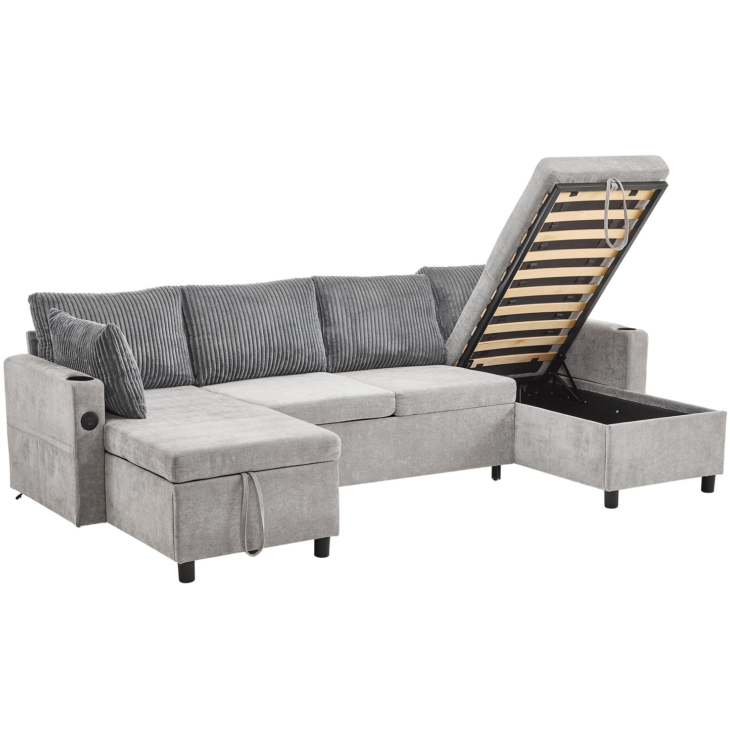 111.8" Sectional Sofa Pull-out Sofa Bed Versatile Sofa Sleeper with Large Storage Space, Two USB Ports and Two Cup Holders for Living Room, Grey