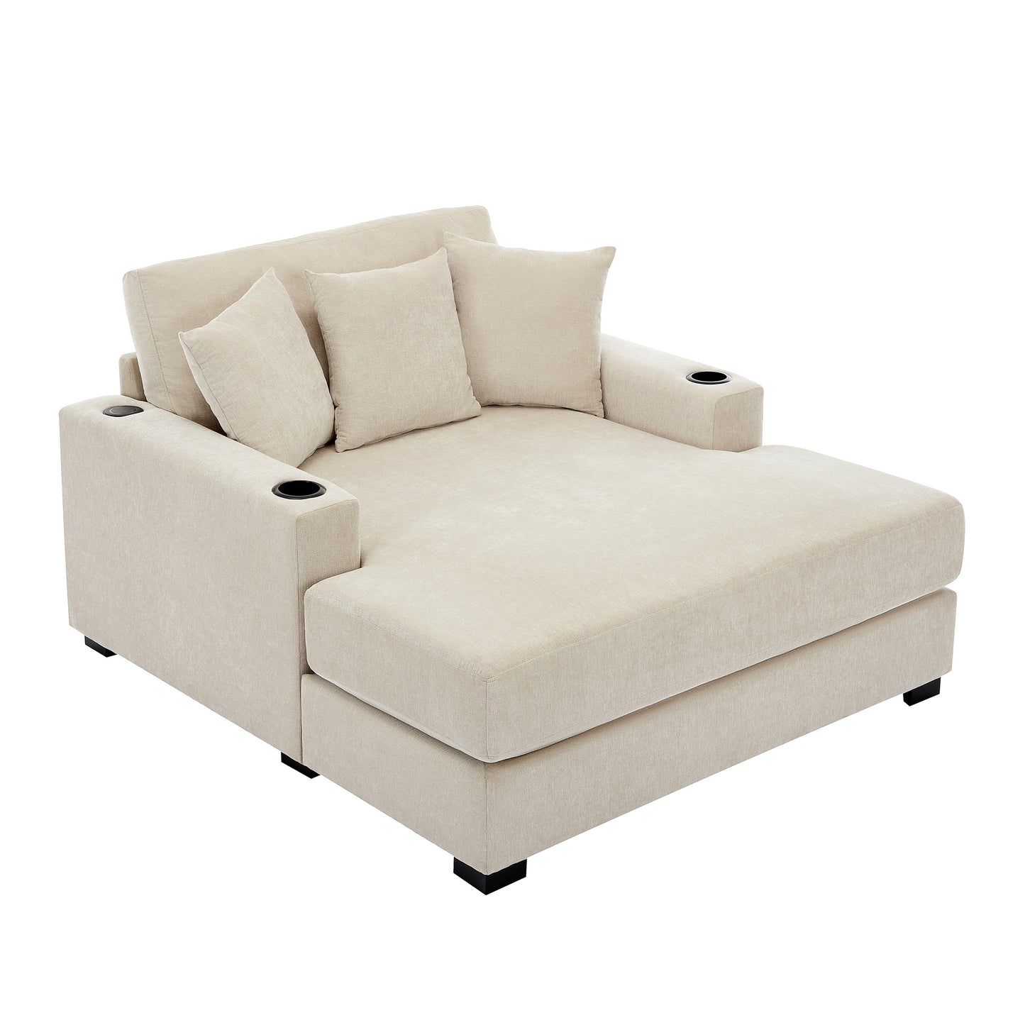 55" Oversized Chaise Lounger Modern Style Sofa Couch ,with Pillows, Charge Station & Cup Holders, Chenille Fabric, Cream