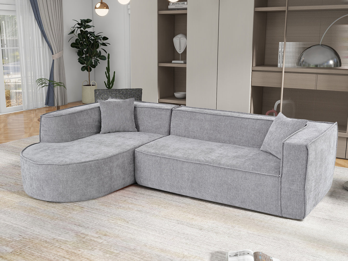 U_Style Modern Style Sectional Sofa,Sponge Sectional Sofa Couch,Modular L-Shape Sofa Couch with Elegant curved design and luxurious chenille fabric,two throw pillows,for Living Room, Study