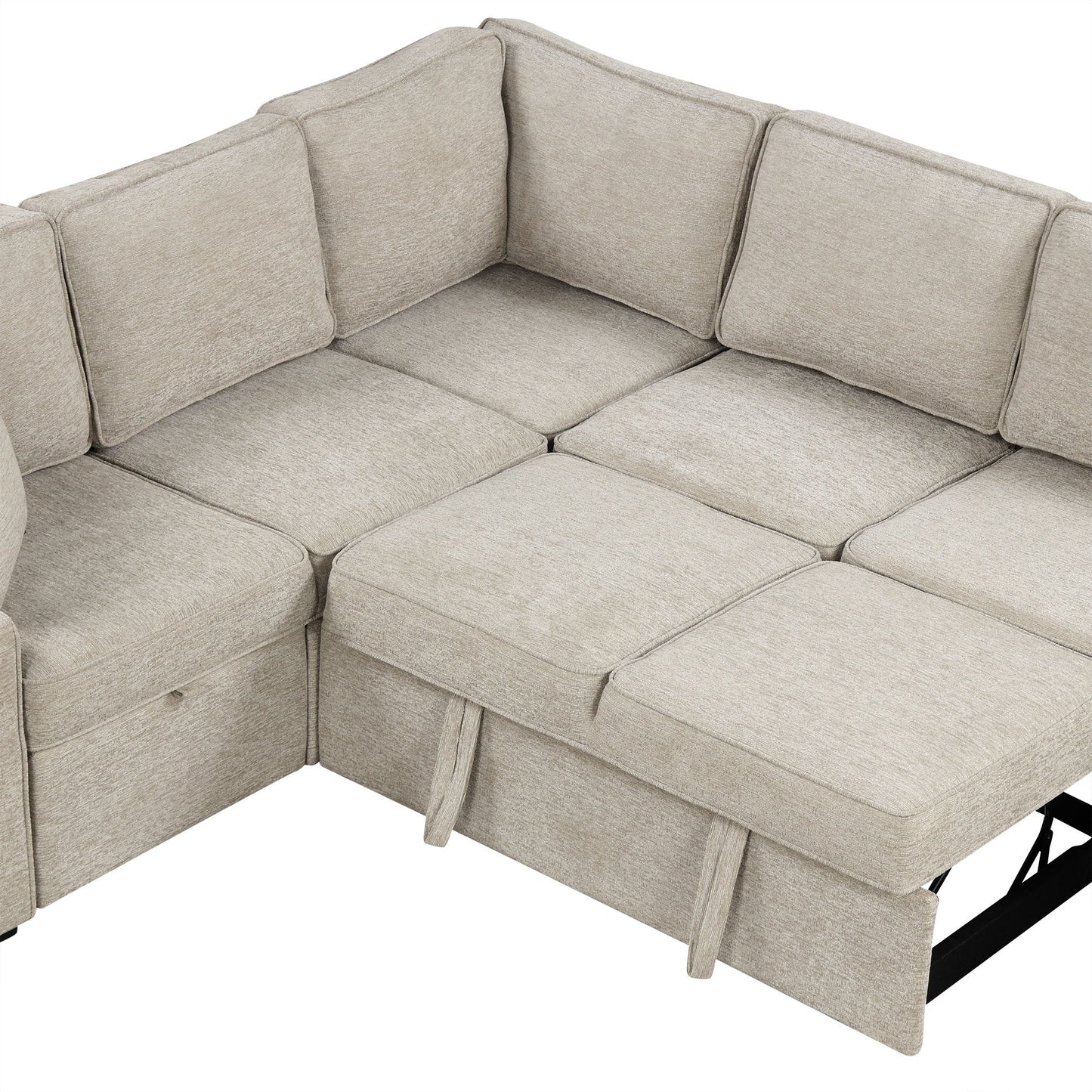 126" L-shaped Sofa Sectional Sofa Couch Pull-out Sofa Bed with Charging Devices and Cup Holders for Living Room, Beige