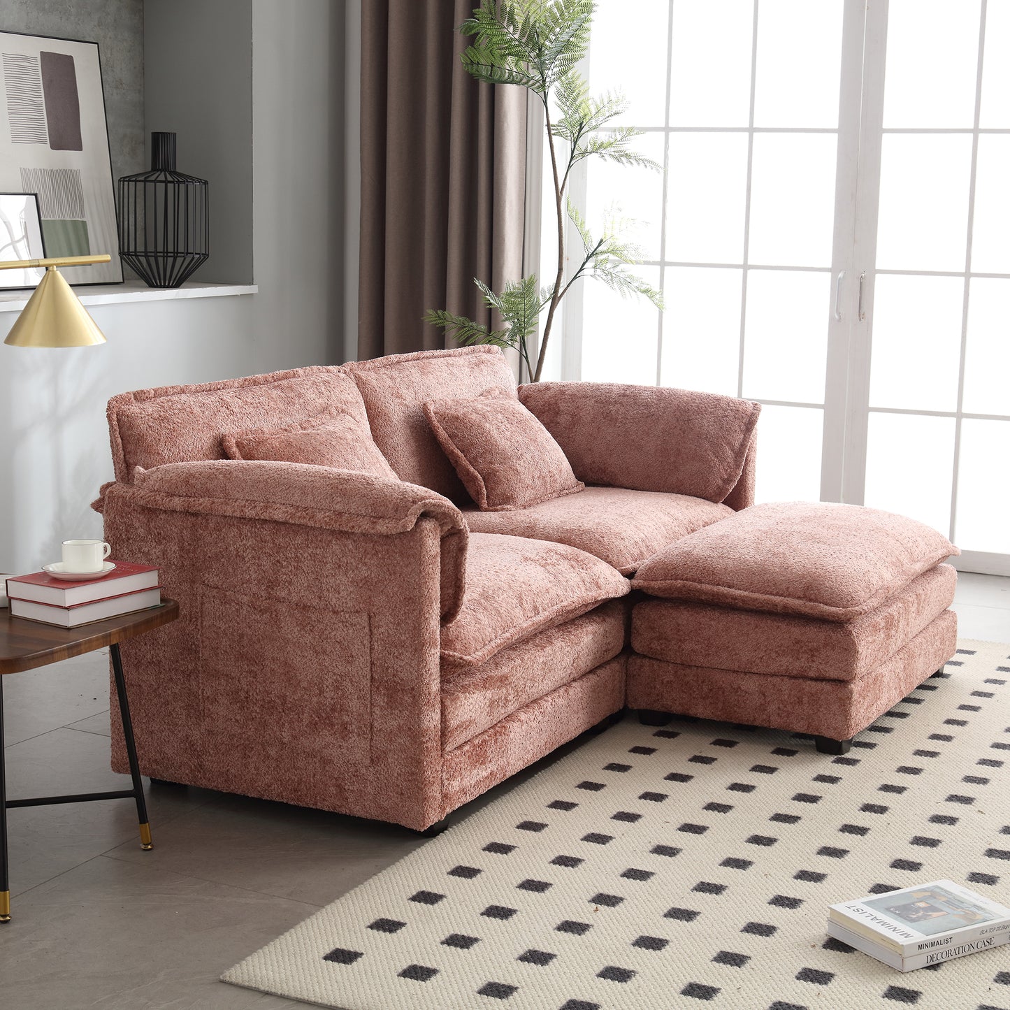 UNITED WE WIN Chenille fabric, removable armrests with side pockets, high density sponge filling, oversized double sofa with footstool