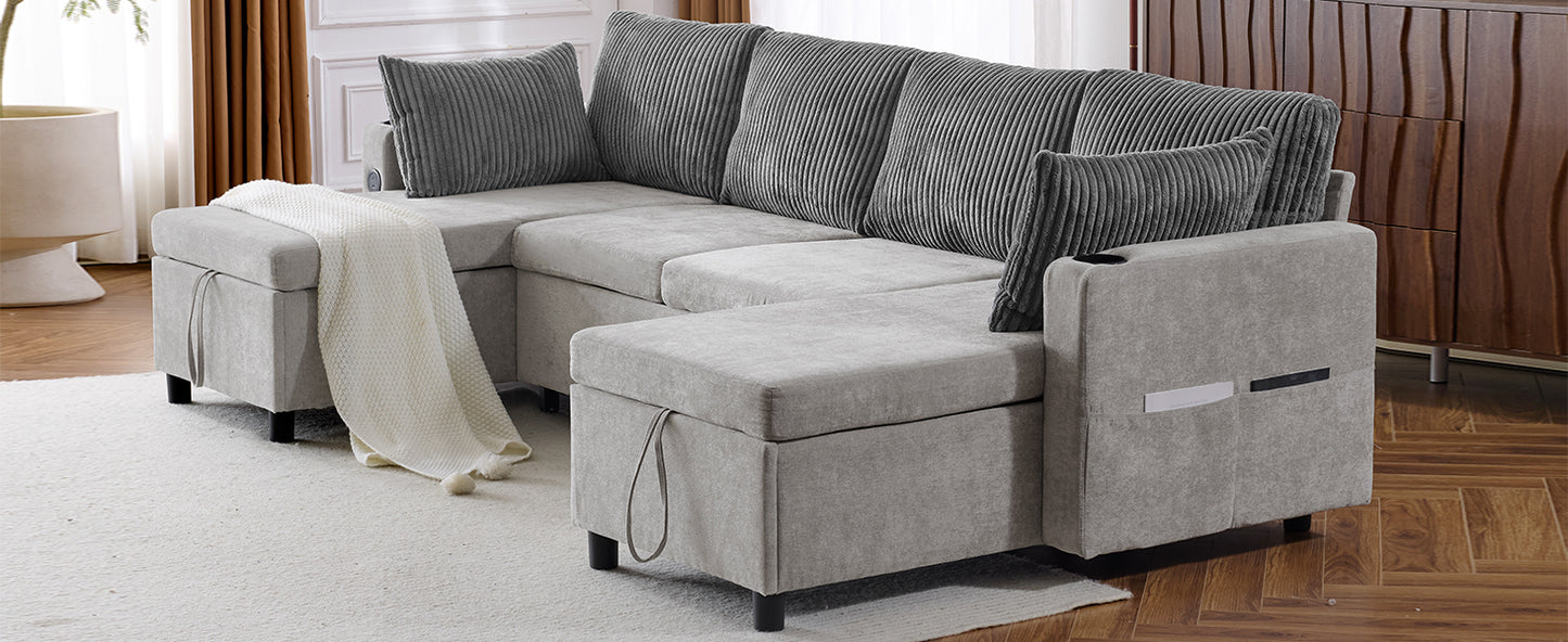 111.8" Sectional Sofa Pull-out Sofa Bed Versatile Sofa Sleeper with Large Storage Space, Two USB Ports and Two Cup Holders for Living Room, Grey