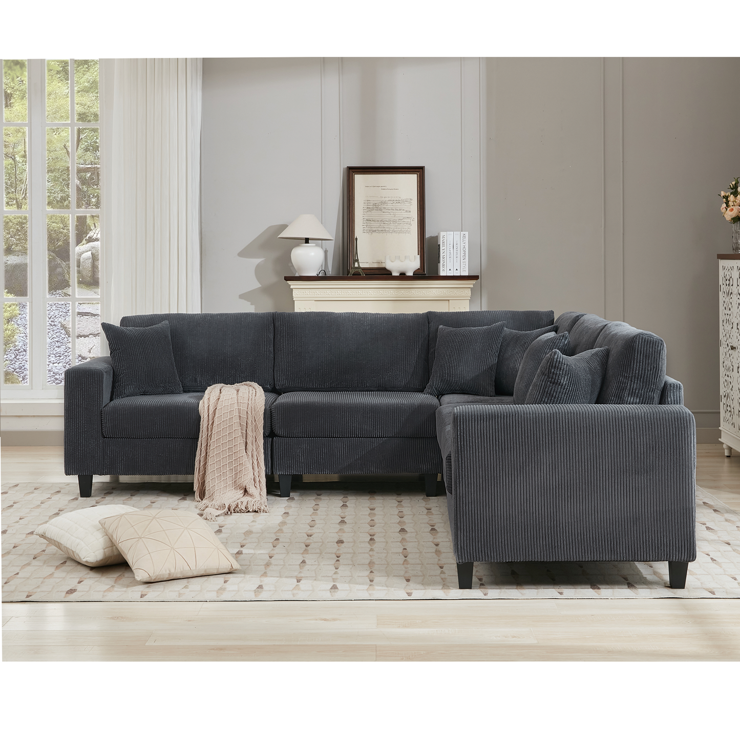 [NEW PACKAGING UPGRADE]Oversized Modular Sectional Sofa Set, L Shaped Couch,Corduroy ,Upholstered,Deep Seat,,5 Seat,5 Throw pillow and 6 back cushion,Living Room, Apartment , Gray