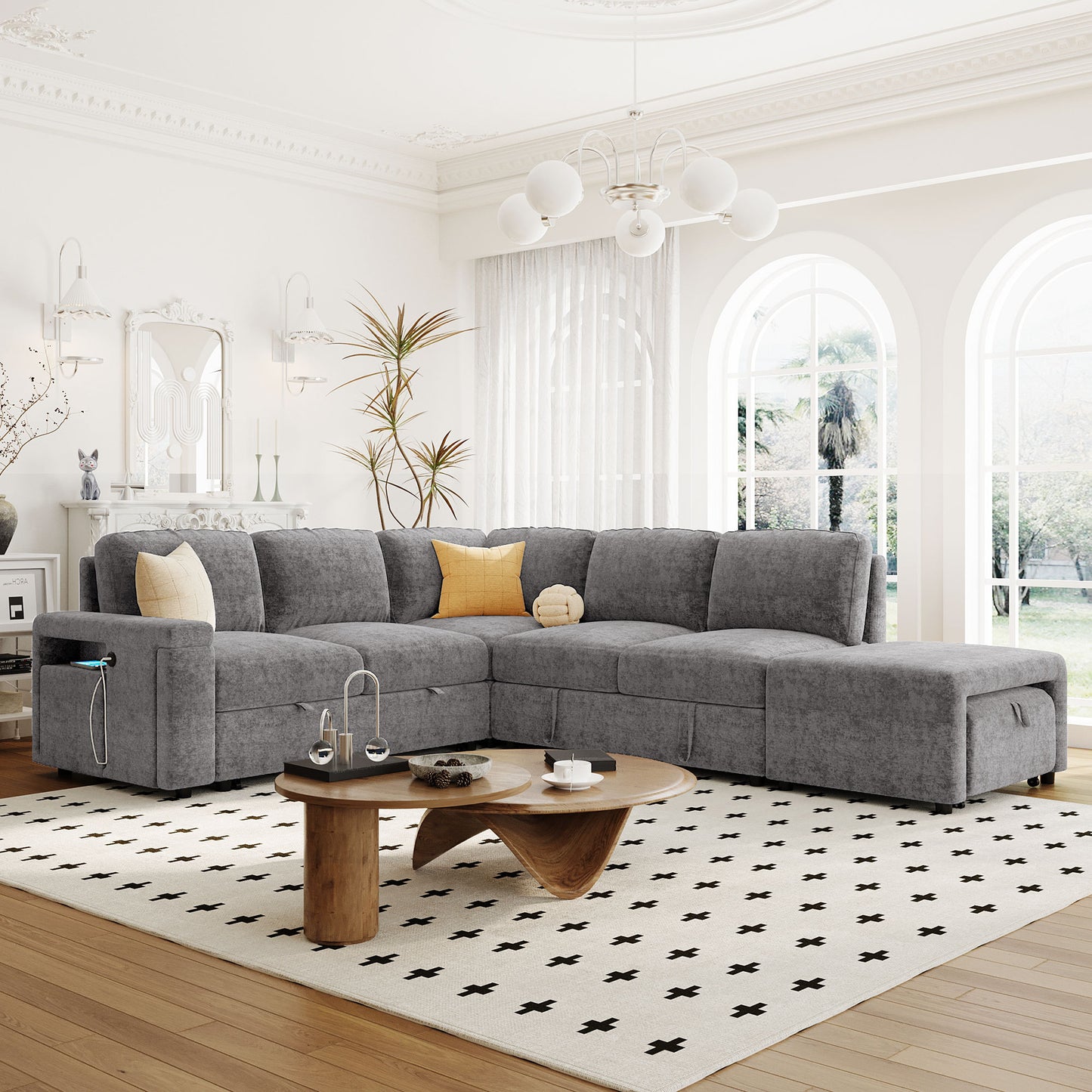 U_STYLE  L-shaped Padded Modular Sofa with Storage Space, USB Ports, and Cup Holders on the Armrests, Suitable for Living Rooms, Offices, and Apartments.