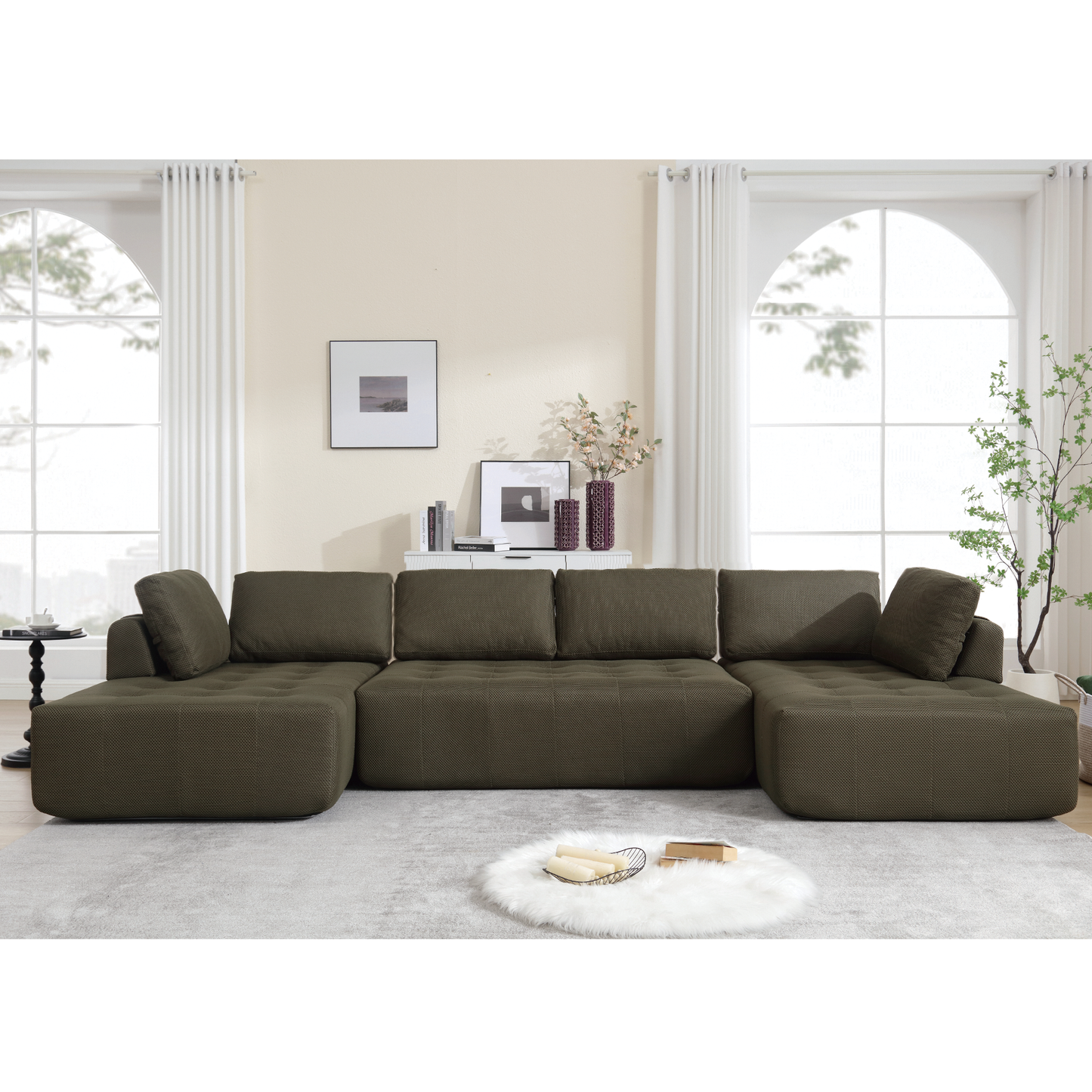 [NEW ARRIVED] [VIDEO PROVIDED]138.5 "Modular Combination Sofa, U-shaped Sofa, Living Room, Apartment, Upholstered ,6-seat Sofa, Free Combination Sofa (Mesh Fabric), Breathable Fabric,Green