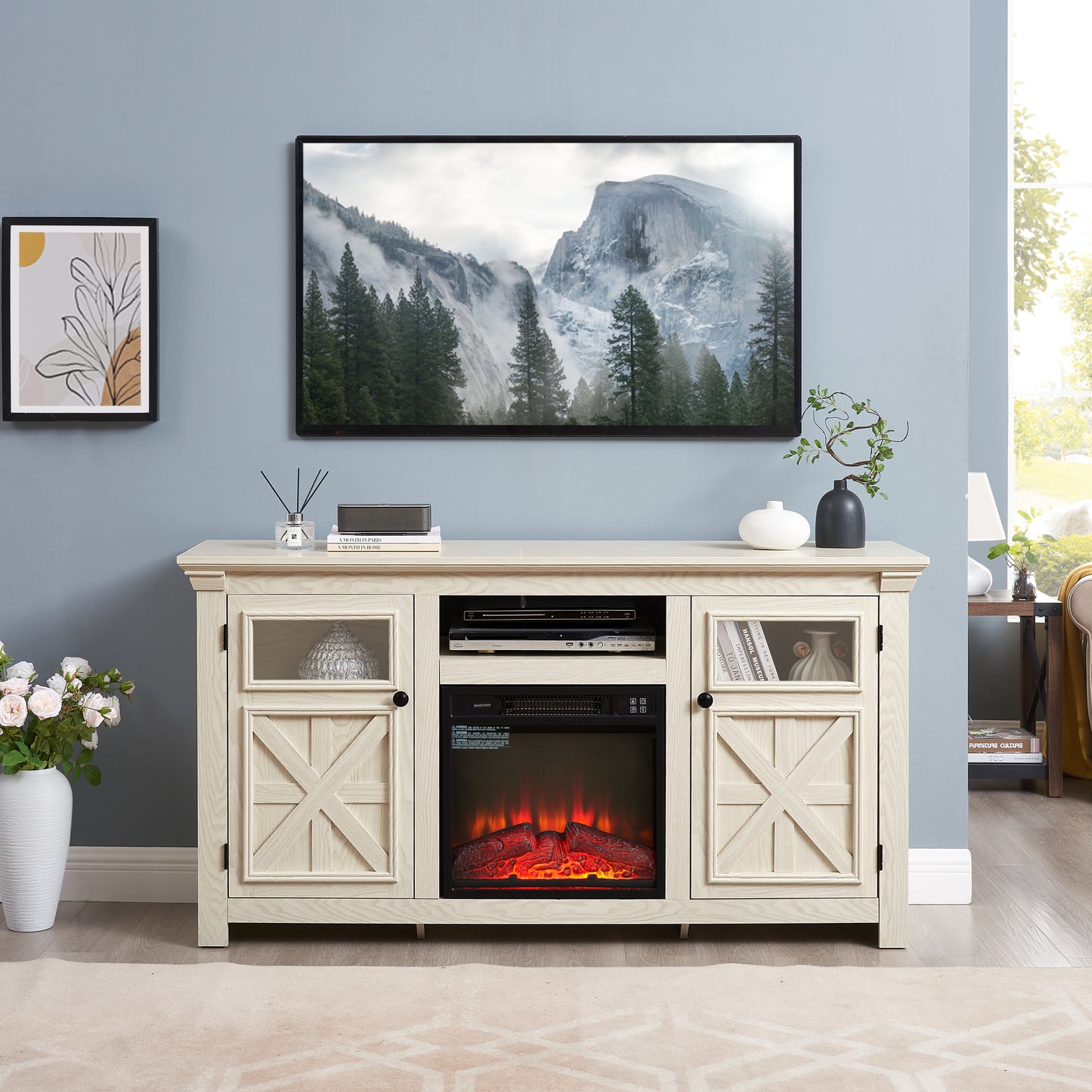 2 Doors Cabinet Farmhouse  Cabinet, Farmhouse TV Stand Barn Design,Modern Farmhouse TV Media Stand, Large Barn Inspired Home Entertainment Console with 18" fireplace insert,WHITE,60.23"W*15.35"D*31.7H