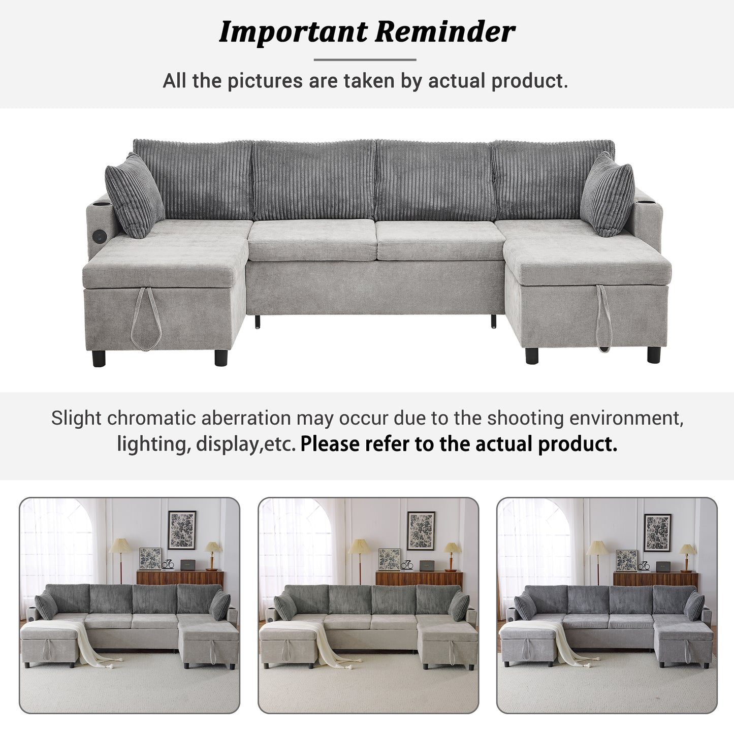 111.8" Sectional Sofa Pull-out Sofa Bed Versatile Sofa Sleeper with Large Storage Space, Two USB Ports and Two Cup Holders for Living Room, Grey