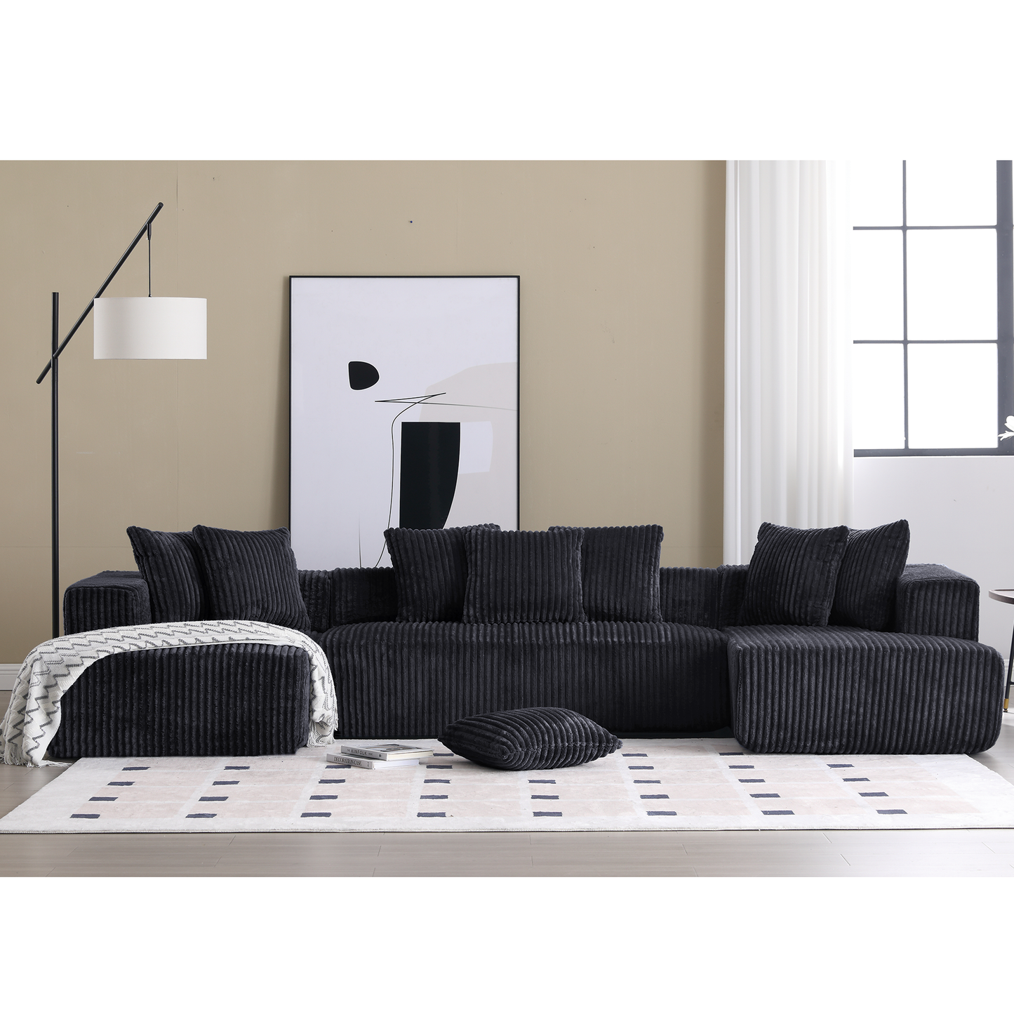 [NEW ARRIVED] [VIDEO PROVIDED]131'' Modular Sectional Couch, U-shaped sofa , Chaise Lounge, Striped fabric,Upholstered 4 Seater Couch for Living Room, Bedroom, Free Combination Sofa (Corduroy),Black