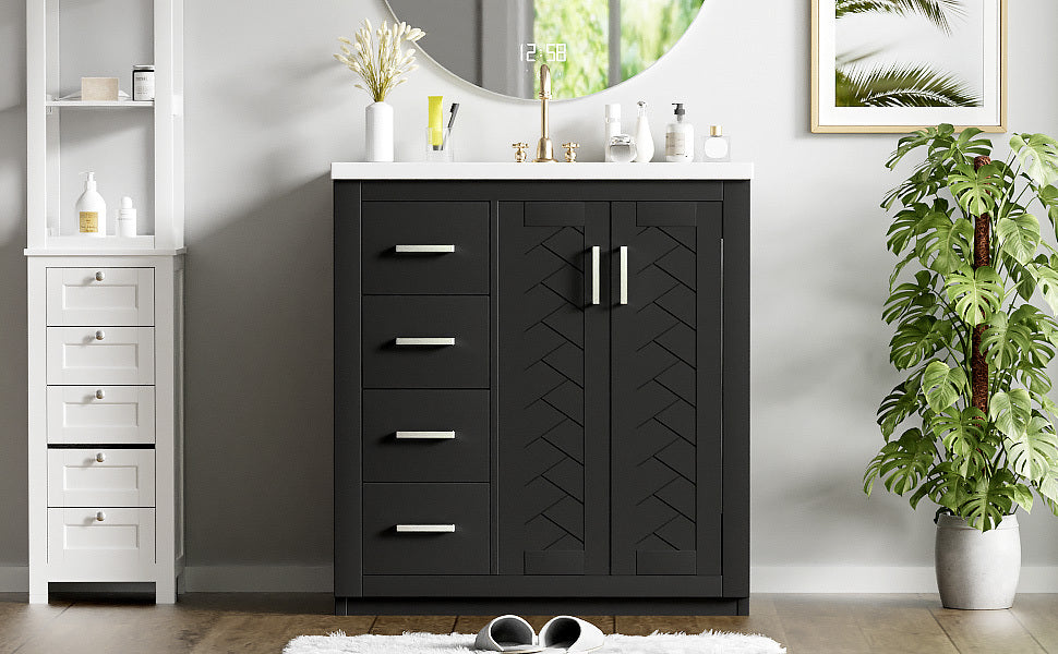 30'' Bathroom Vanity with Ceramic Sink Combo,Solid Wood Frame Bathroom Storage Cabinet, Freestanding Vanity Set with 3 Drawers& Soft Closing Doors