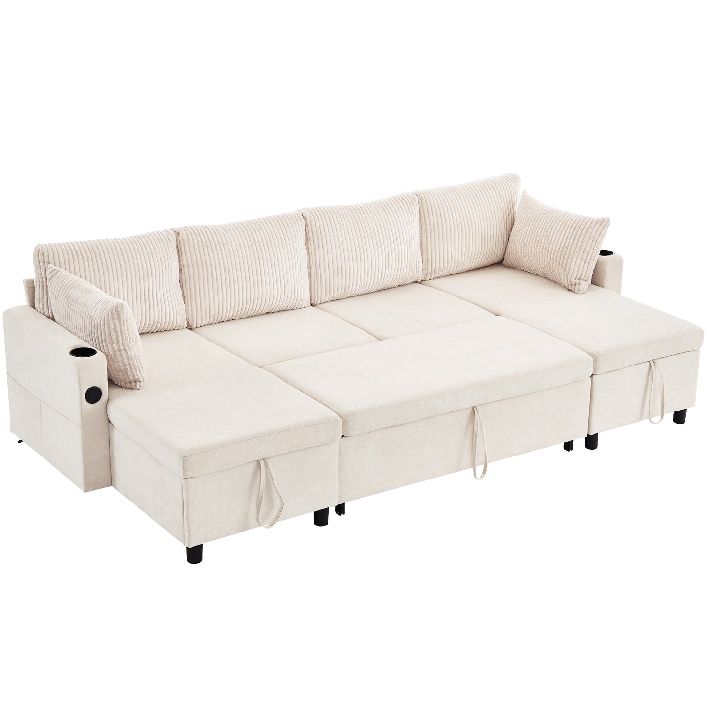 111.8" Sectional Sofa Pull-out Sofa Bed Versatile Sofa Sleeper with Large Storage Space, Two USB Ports and Two Cup Holders for Living Room, Beige