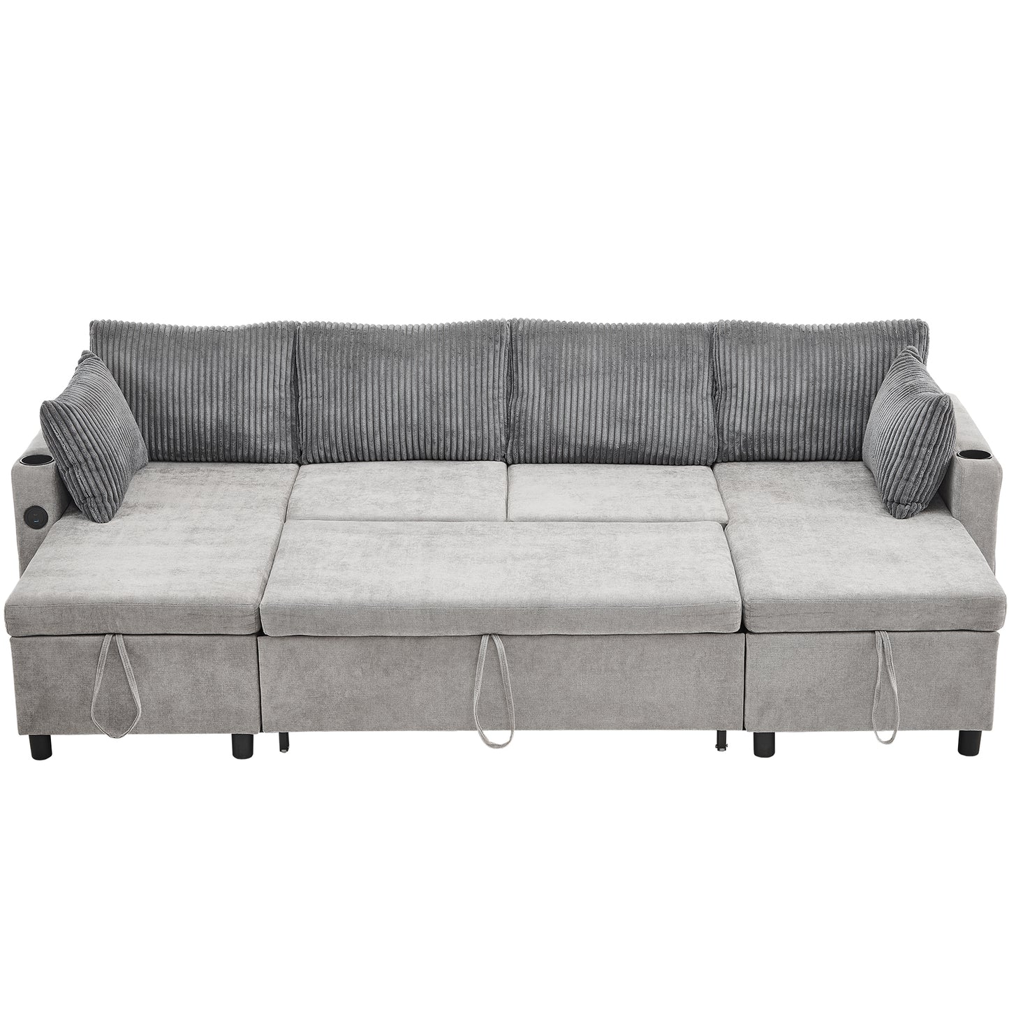 111.8" Sectional Sofa Pull-out Sofa Bed Versatile Sofa Sleeper with Large Storage Space, Two USB Ports and Two Cup Holders for Living Room, Grey