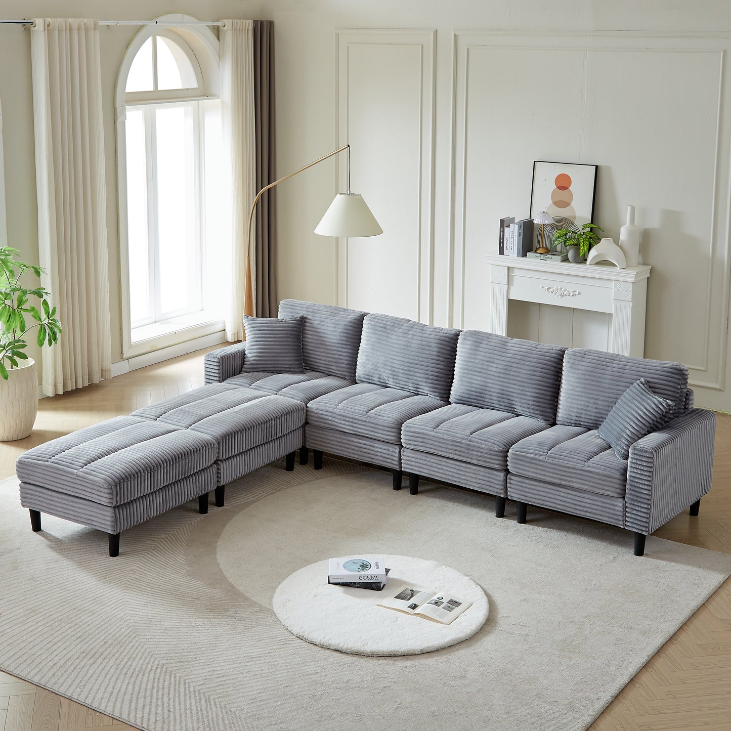 122.5-Inch Oversized U-Shaped Modular Sofa, Corduroy Fabric Sofa, Living Room Sectional Sofa with 2 Pillows, Two ottoman, plastic leg, Grey