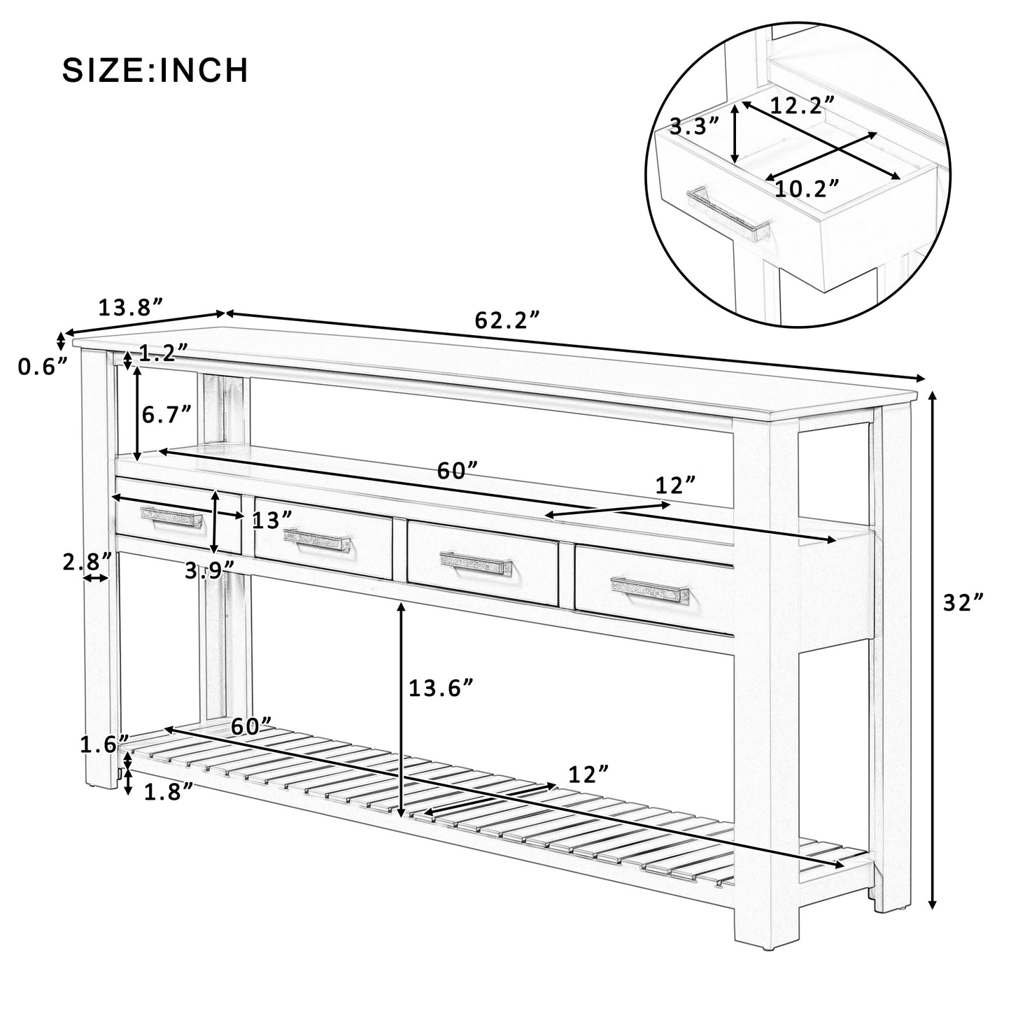 U_STYLE 62.2'' Modern Console Table Sofa Table for Living Room with 4 Drawers and 2 Shelves