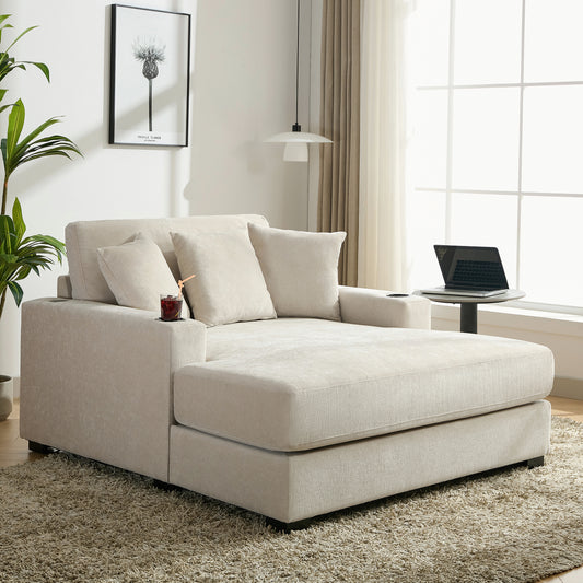 55" Oversized Chaise Lounger Modern Style Sofa Couch ,with Pillows, Charge Station & Cup Holders, Chenille Fabric, Cream