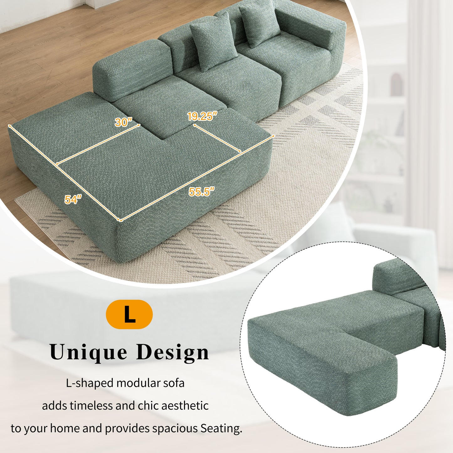 116.5" Sectional Sofa Full-compressed Sofa Couch Free-combined Sofa for Living Room, Green