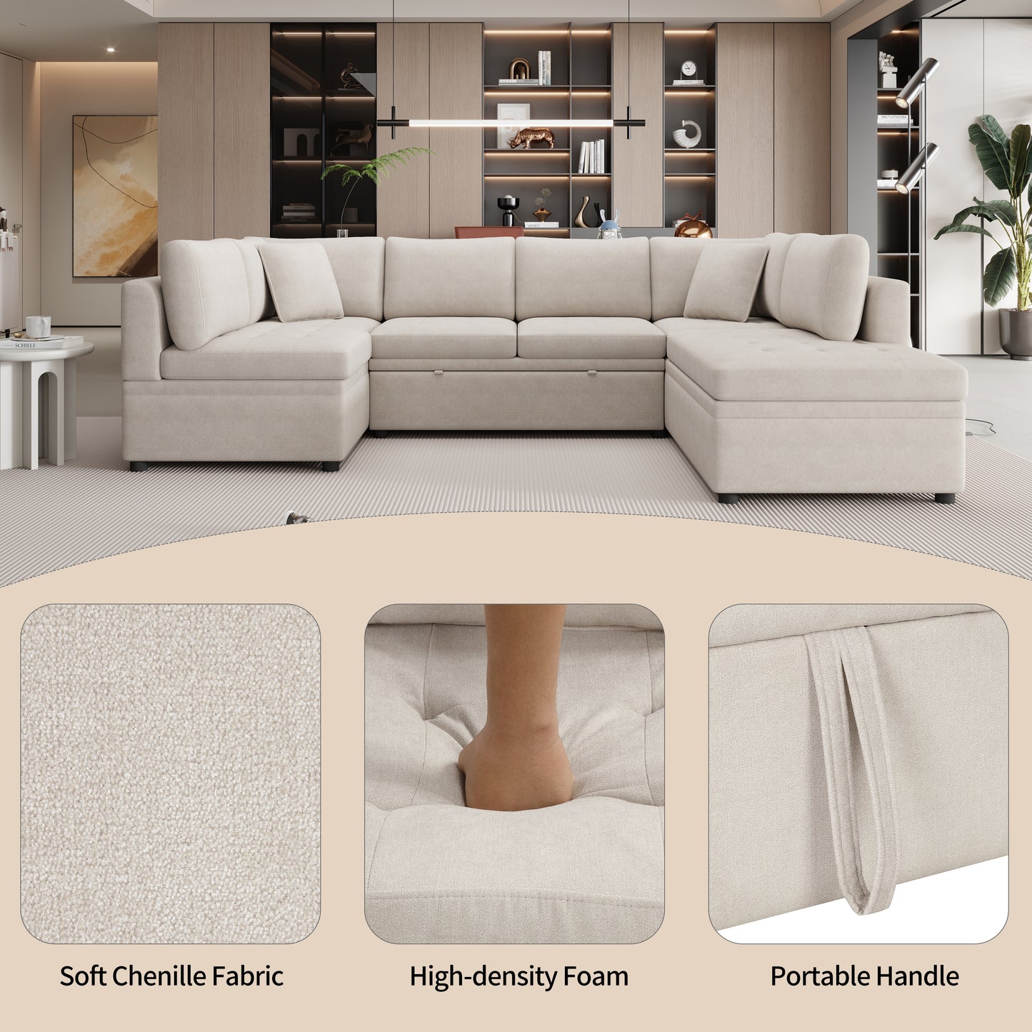 117.3" Oversized Sectional Sofa U- shaped Sofa Couch Pull-out Sofa Bed with Two Throw Pillows for Living Room, Beige