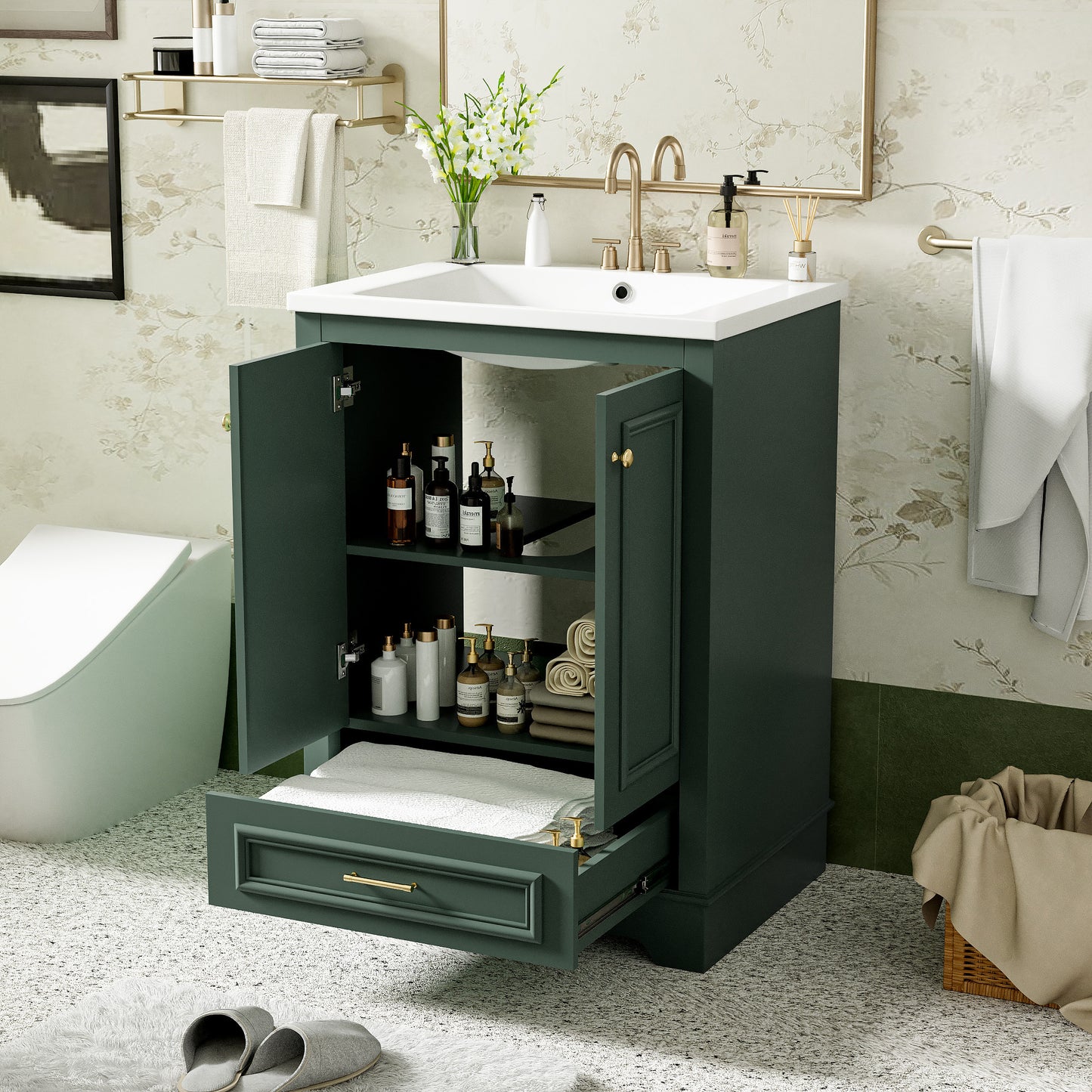 24'' Bathroom Vanity with Ceramic Sink Combo, Modern Freestanding Storage Cabinet  with Silver Handles,  Soft Closing Doors