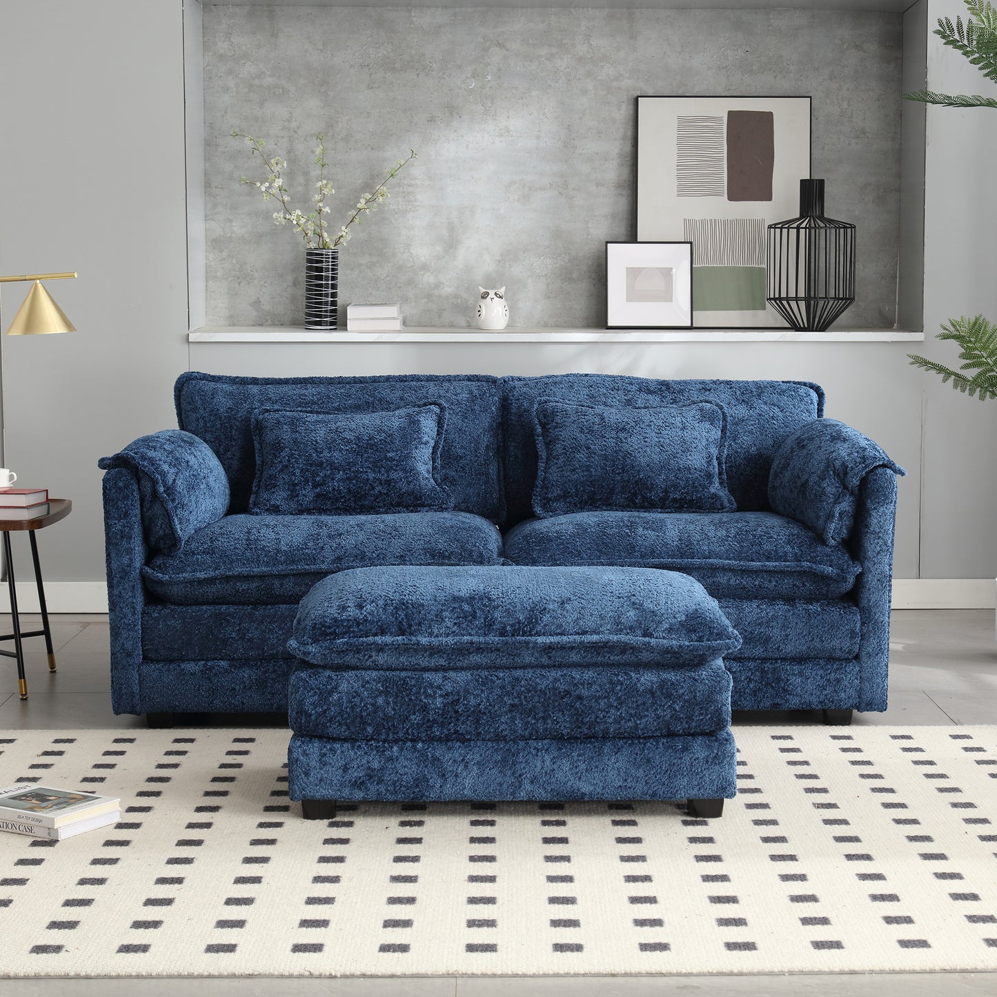 UNITED WE WIN Chenille fabric, removable armrests with side pockets, high density sponge filling, oversized double sofa with footstool