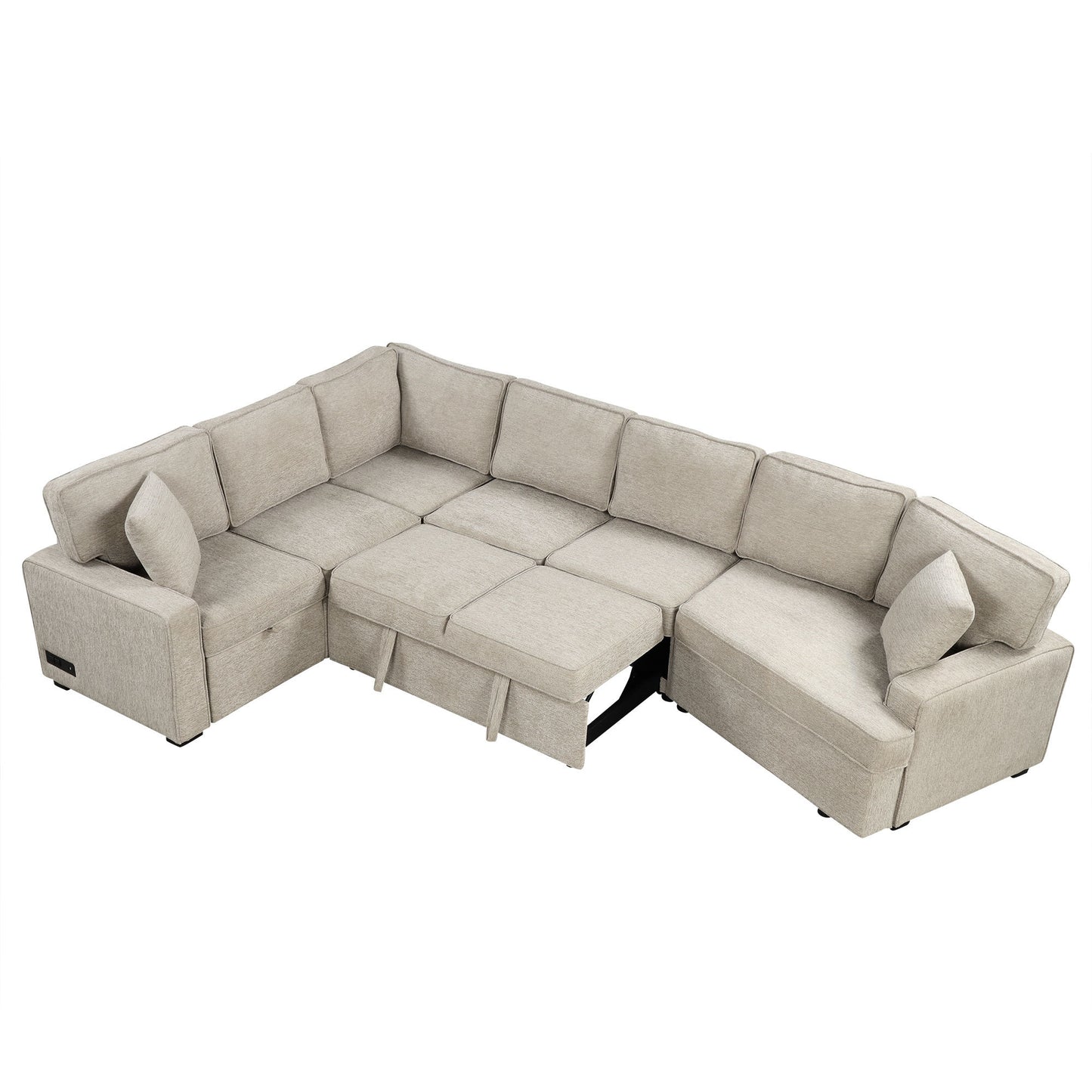 126" L-shaped Sofa Sectional Sofa Couch Pull-out Sofa Bed with Charging Devices and Cup Holders for Living Room, Beige