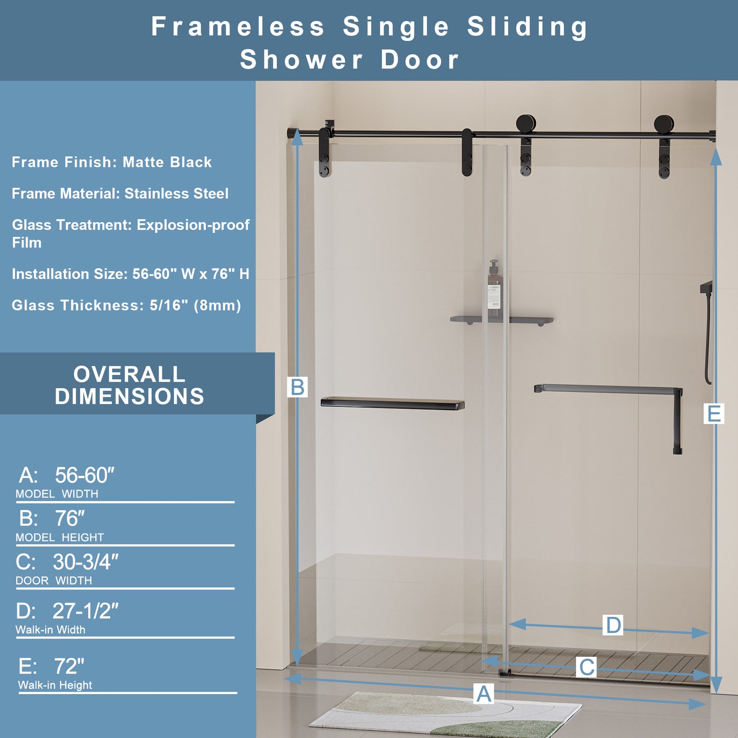 56-60 in. W x 76 in. H Frameless Shower Door, Single Sliding Shower Door, 5/16" (8mm) Clear Tempered Glass Shower Door Explosion-Proof Film, Stainless Steel Hardware, Matte Black 24D210-60MB-COMBO