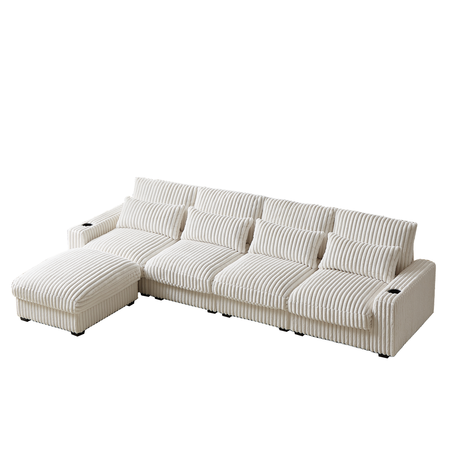 126-inch Corduroy With Cup Holder Super Large L-Shaped Sofa, Movable Footrest, Four Waist Pillows And Four Back Cushion, With USB Port And Type-C Port