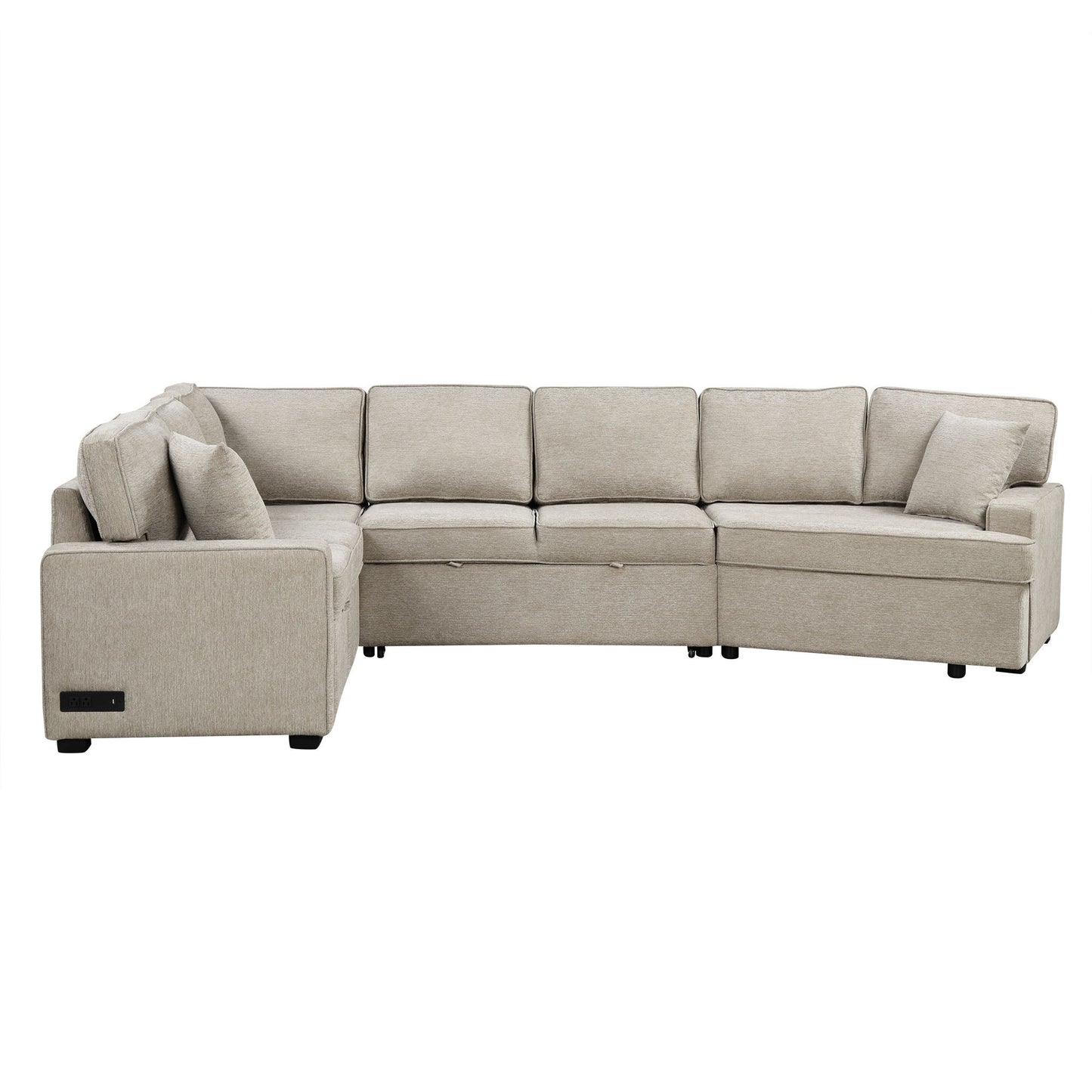 126" L-shaped Sofa Sectional Sofa Couch Pull-out Sofa Bed with Charging Devices and Cup Holders for Living Room, Beige