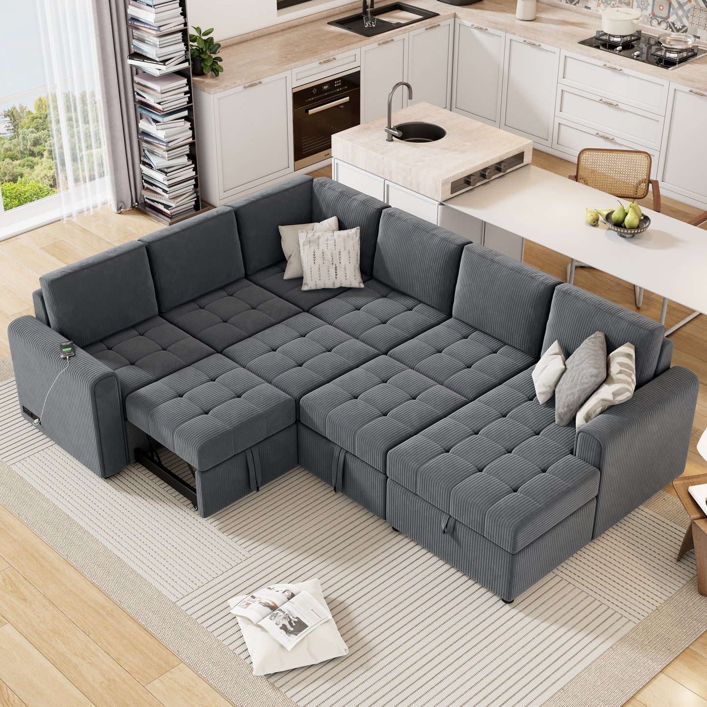 107.5" U-shaped Sofa Sectional Sofa Pull-out Sofa bed with a Storage Chaise Lounge, Charging Devices for Living Room, Gray