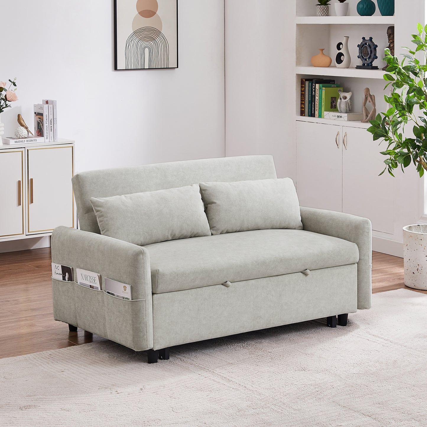 55.1" Pull Out Sleep Sofa Bed Loveseats Sofa Couch with Adjsutable Backrest, Storage Pockets, 2 Soft Pillows, USB Ports for Living Room, Bedroom, Apartment, Office, Beige (Old SKU: WF315689AAA)