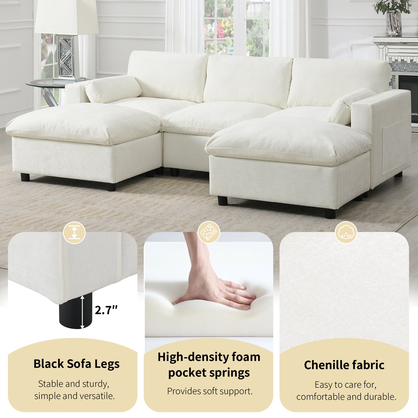 [VIDEO provided][New]86.5''Chenille Sectional Sofa with Storage Pockets, 5 Seat U Shaped Sleeper Couch Set,2 PIC Free Combination,Convertible Sofa Bed with Ottoman for Living Room,Apartment,3 Colors