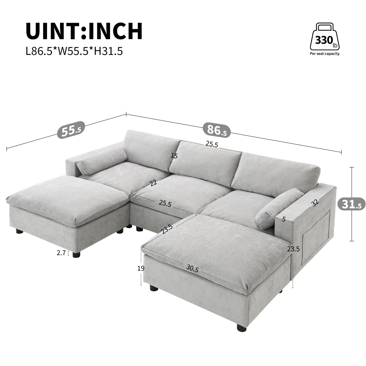 [VIDEO provided][New]86.5''Chenille Sectional Sofa with Storage Pockets, 5 Seat U Shaped Sleeper Couch Set,2 PIC Free Combination,Convertible Sofa Bed with Ottoman for Living Room,Apartment,3 Colors